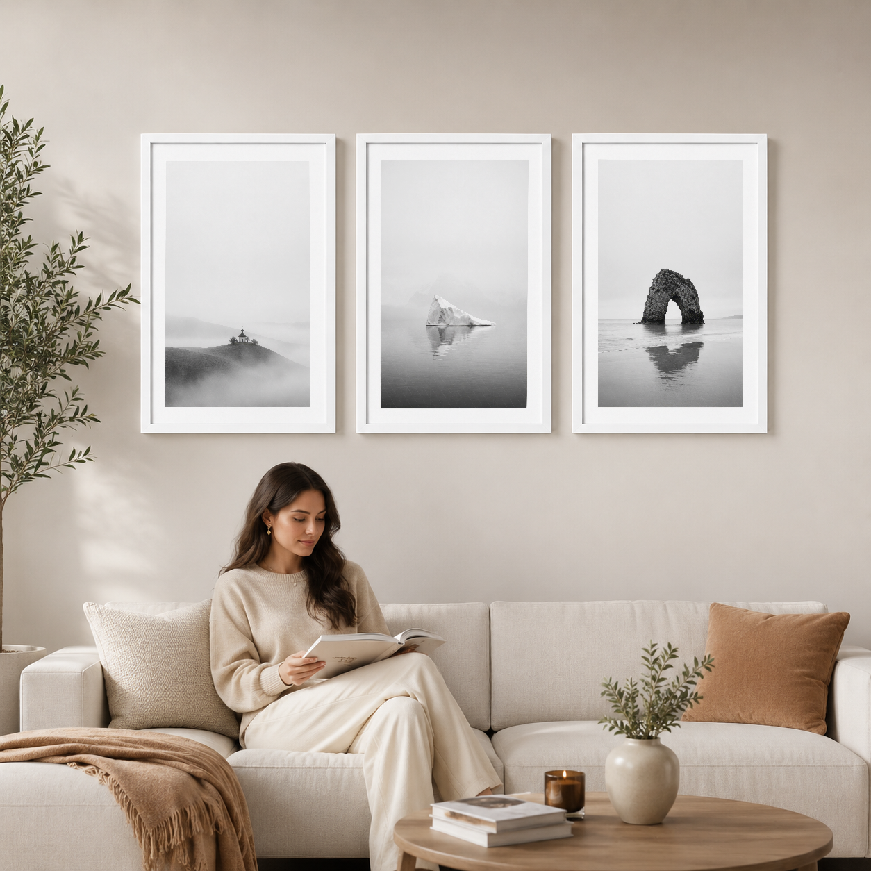 Siyah beyaz minimalista doğa tabloları, kanepenin üstünde sergilenen üç panel halinde sakin ve huzurlu atmosfer yaratır.