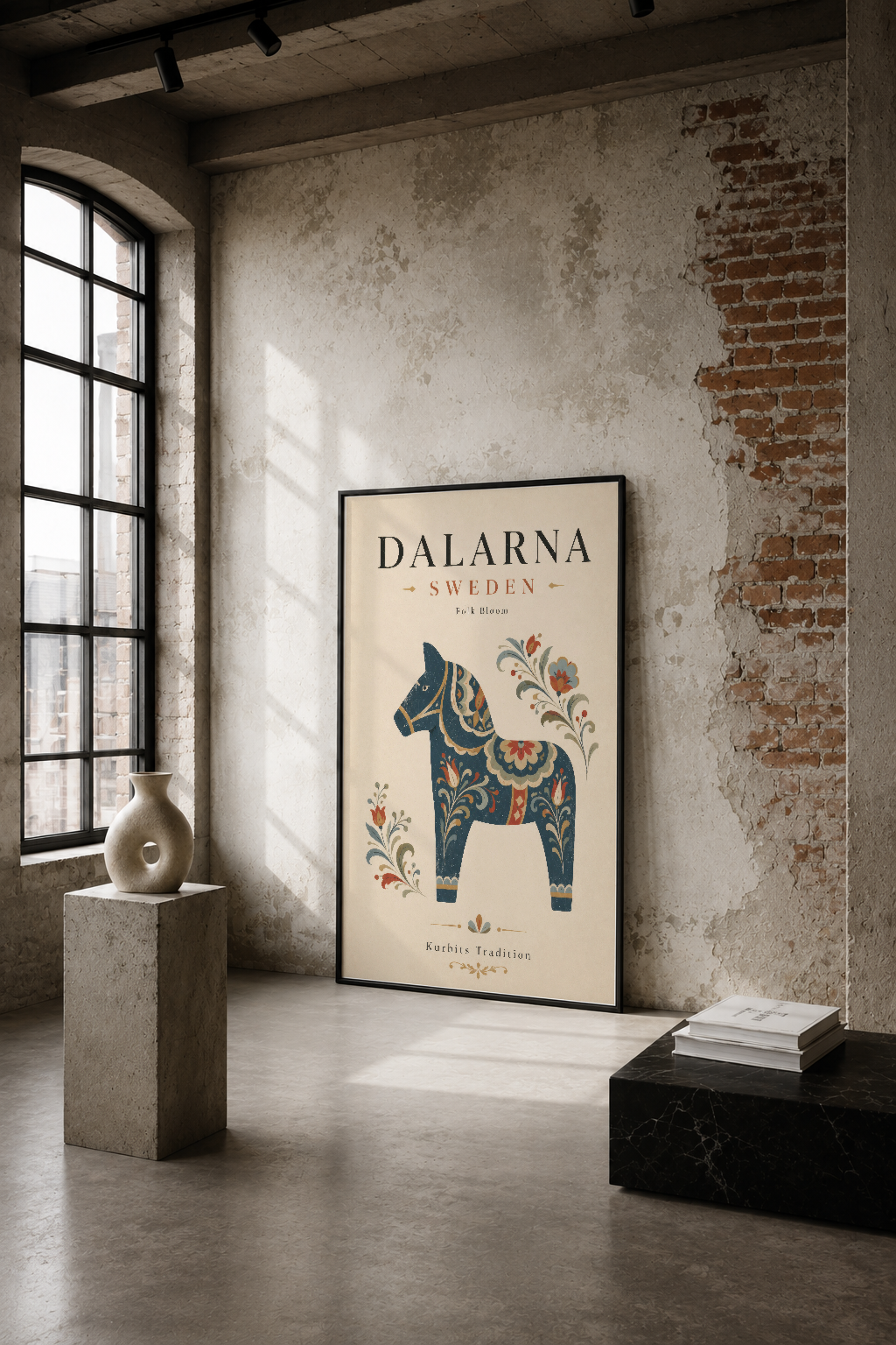 İsveç'in Dalarna bölgesinden esinlenen, geleneksel at motifli vintage tablo, endüstriyel iç mekanda sanat eseri olarak