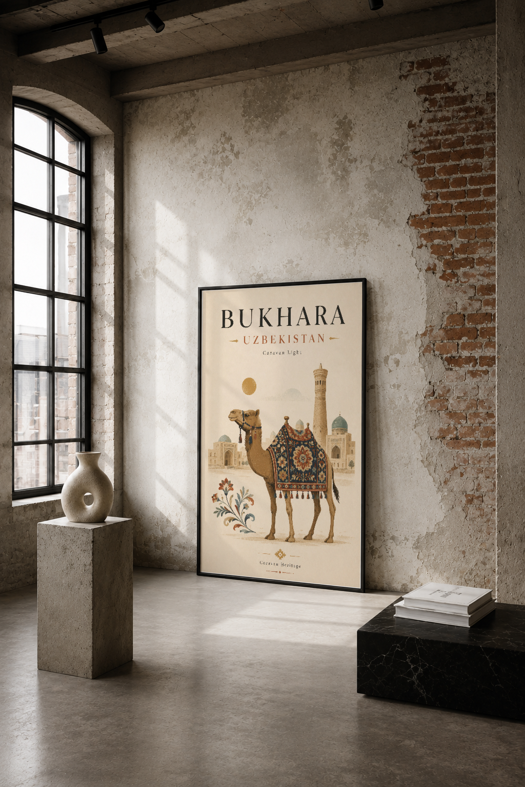 Bukhara Özbekistan temalı sanat tablosu, devekarlı İslami tasarımlar ve mimari öğeler içeren vintage tarzda poster.