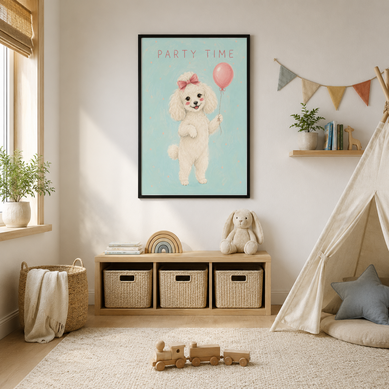 Pembe fiyonklu beyaz pudl köpeği ve balon motifli Party Time tablosu çocuk odasını renklendirir.