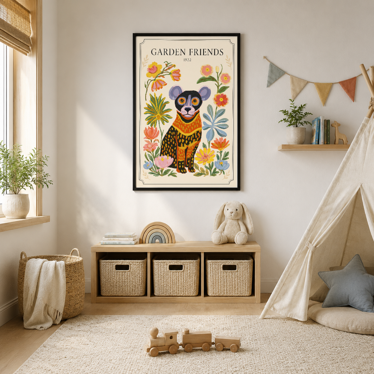 Renkli çiçekler ve canlı desenleriyle süslenmiş vintage tarzı ayı posteri, çocuk odasının duvarında.