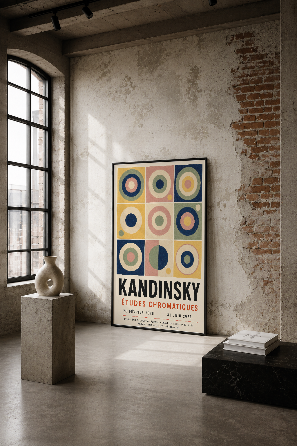 Kandinsky'nin renkli geometrik daireler tablosu, endüstriyel loft alanında tuğla duvarın önünde sergileniyor.