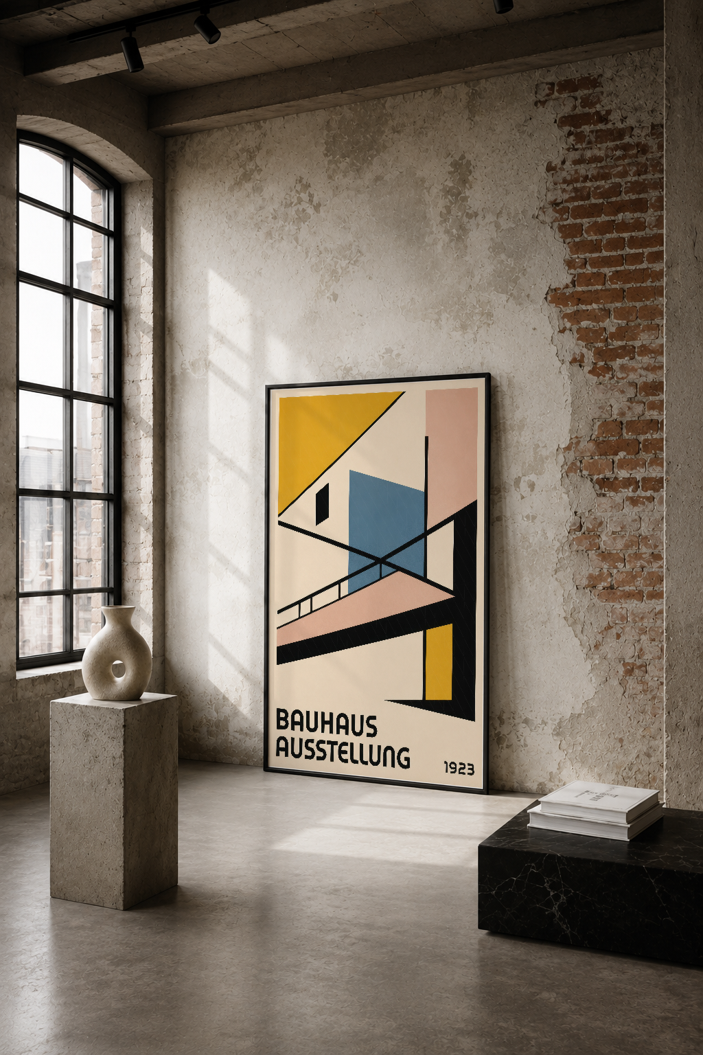 1923 Bauhaus Ausstellung posteri, geometrik tasarım, endüstriyel loft alanında bare tuğla duvarın üstünde.