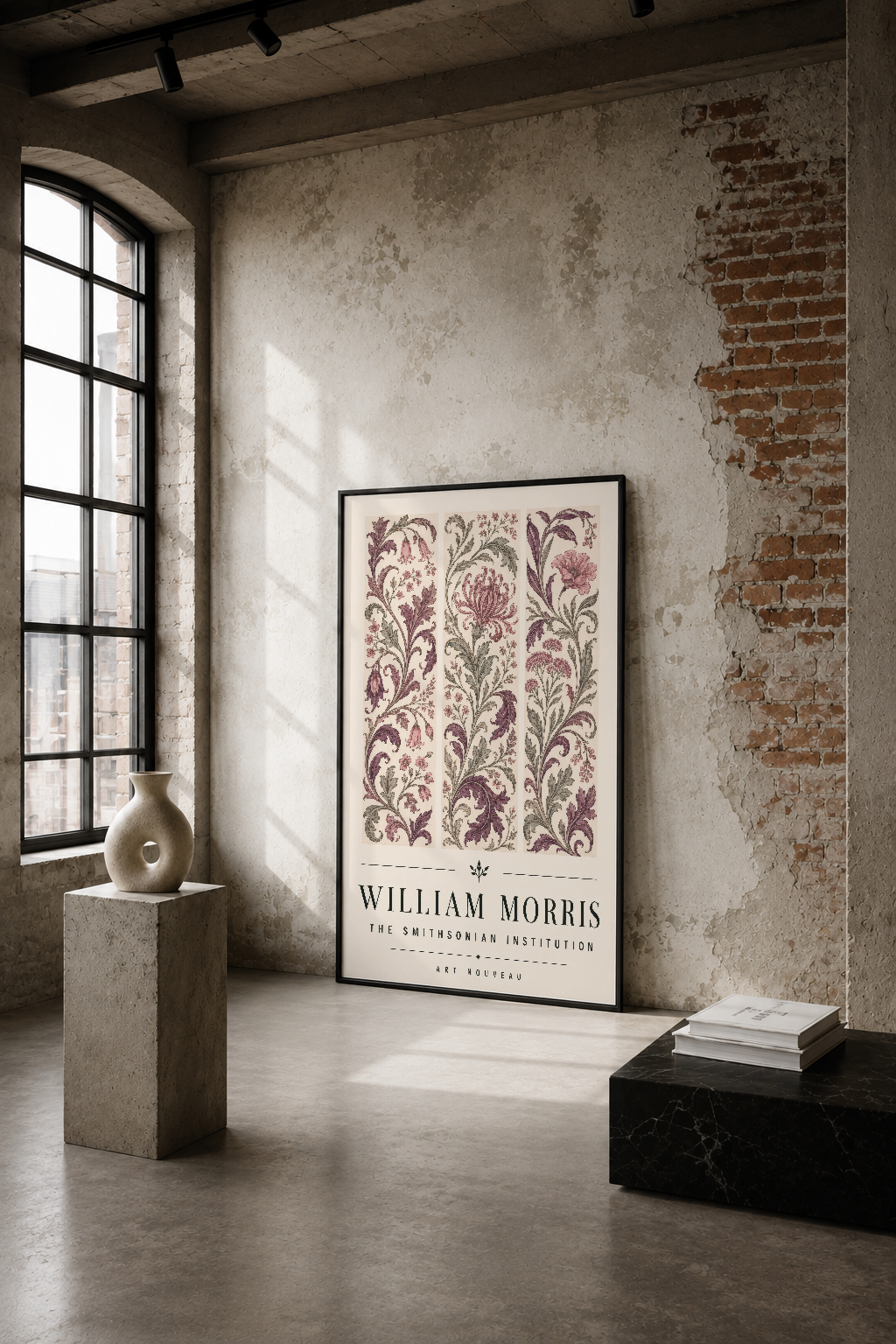 William Morris sanat tablosu, endüstriyel tarzda boş bir mekanın çiçek motifli duvar dekorasyonu.