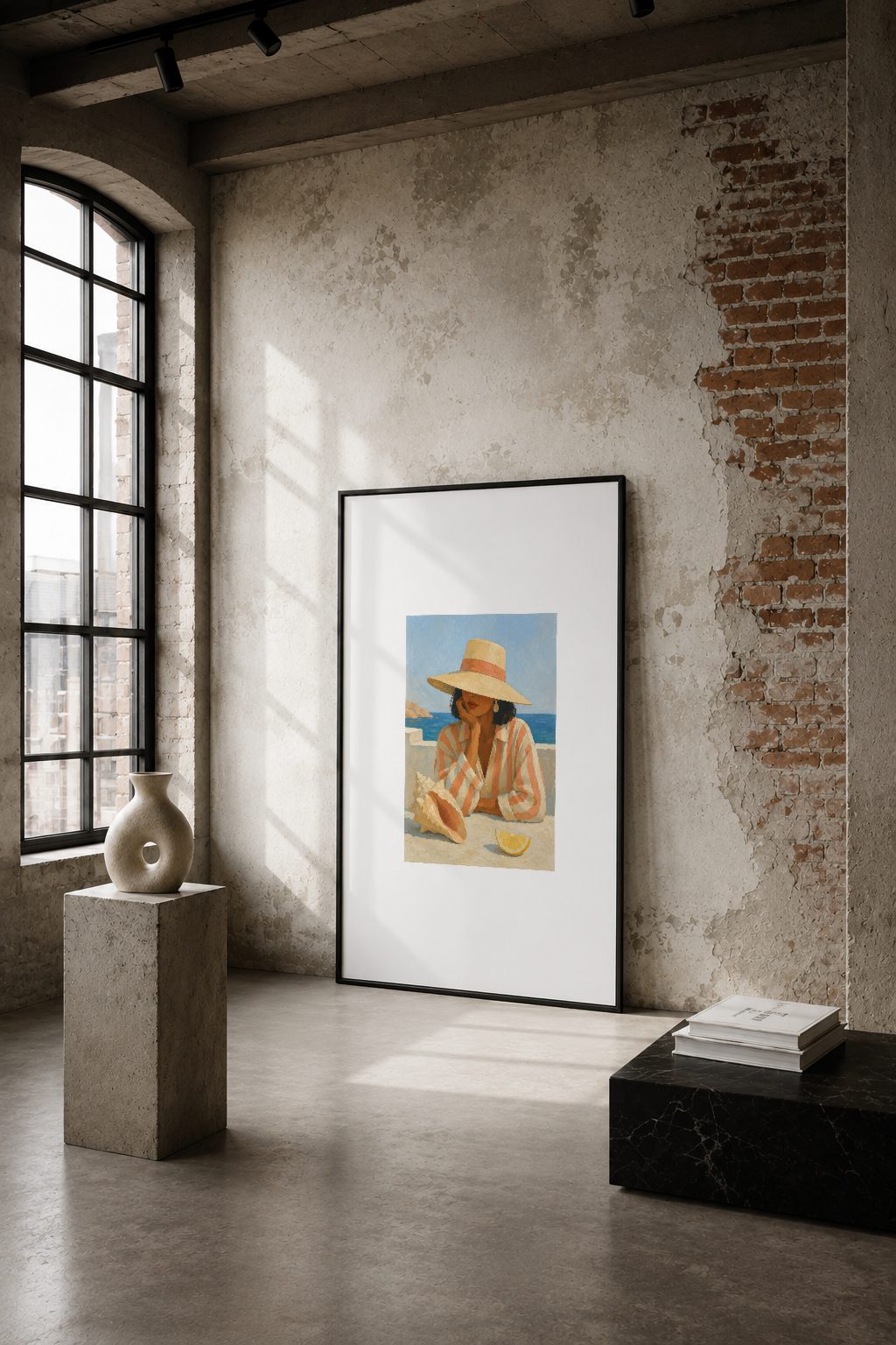 Endüstriyel bir mekanda, sıva duvarların arasında sahil temalı modern sanat tablosu sergileniyor.