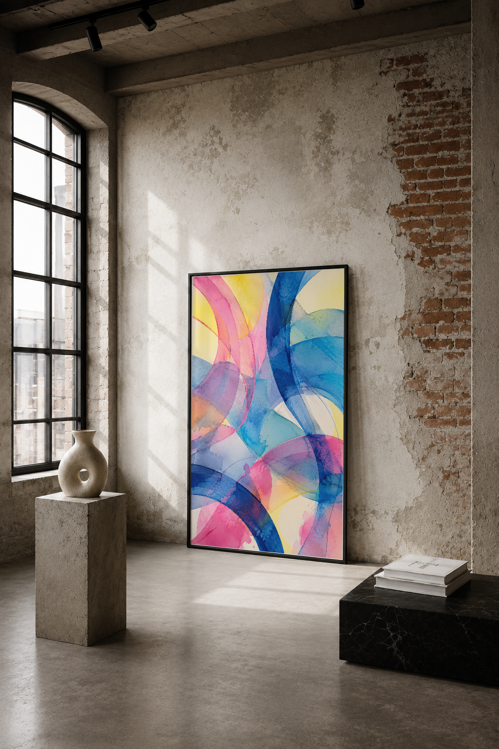 Renkli soyut dalgalar ve geometrik formlardan oluşan modern sanat tablosu, endüstriyel loft ortamında duvar dekorasyonu.