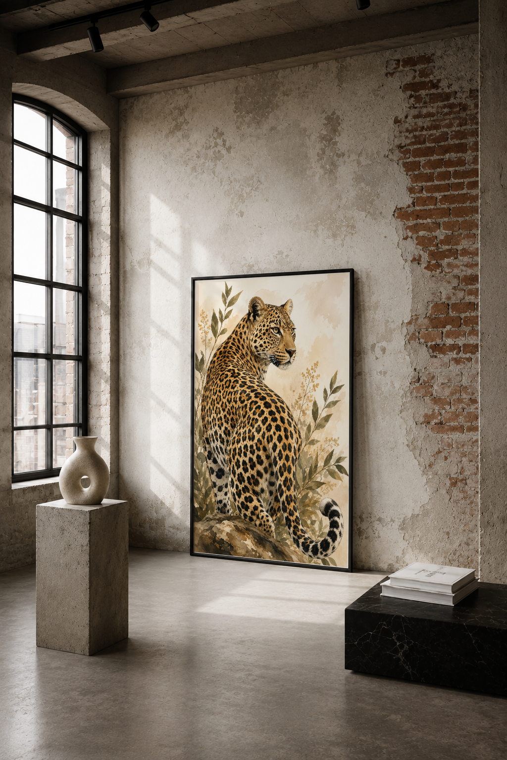 Leoparın profil görüntüsü, doğal tonlarında botanik yapraklarla çerçevelenmiş sanat tablosu endüstriyel loft mekanında.