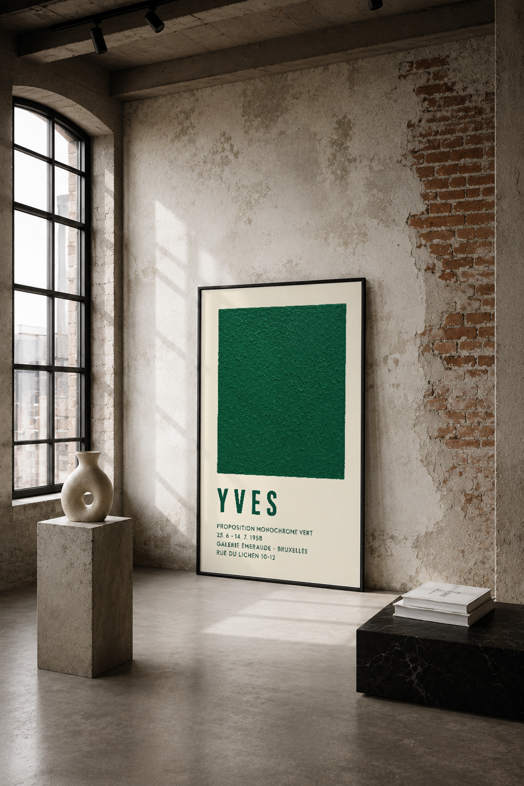 Endüstriyel boş alanda, duvara asılı YVES monokrom yeşil poster sergisi minimalist ve zarif dekorasyonu tamamlıyor.