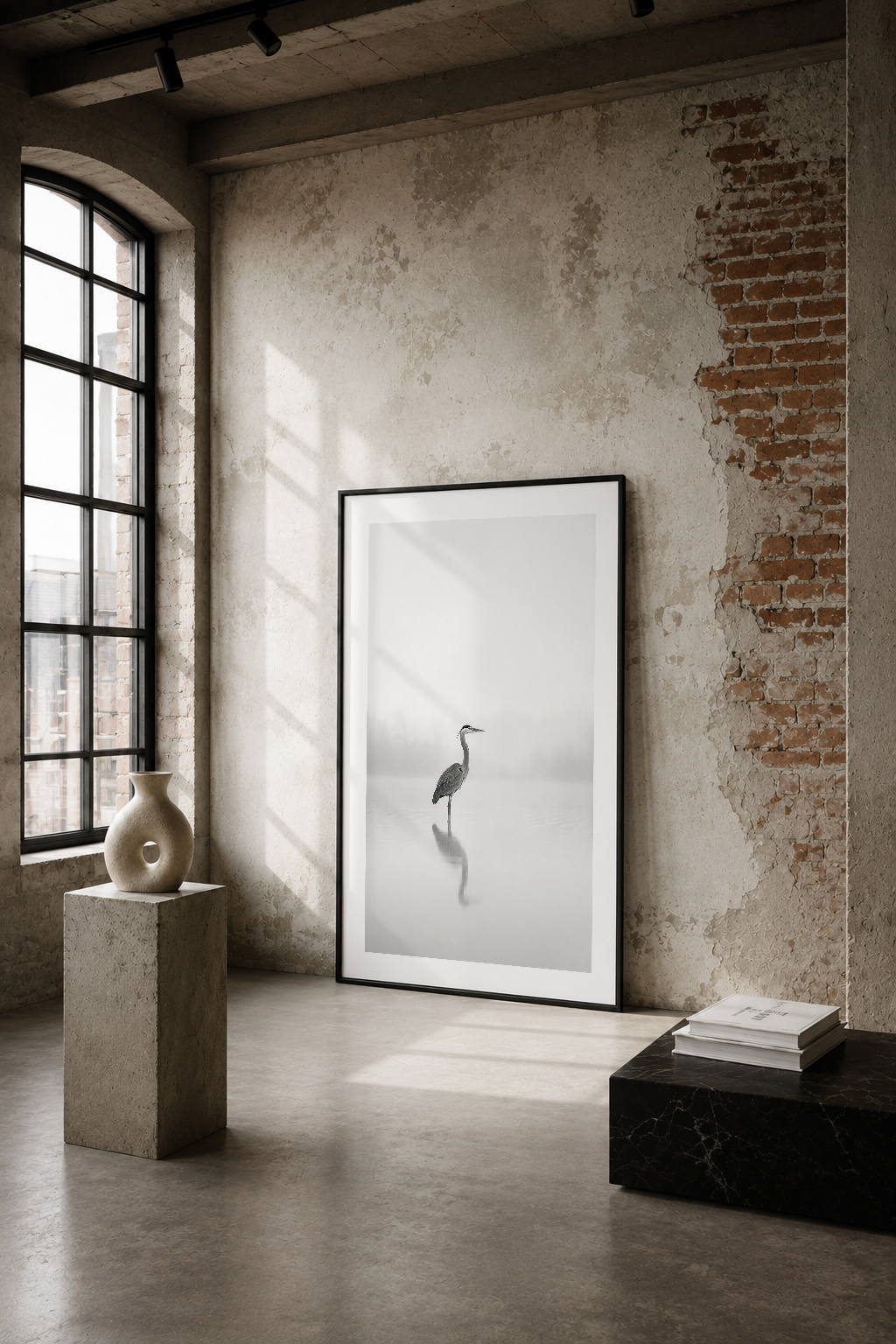 Minimalist siyah çerçeveli tablo, endüstriyel alanda sakin bir leylek portresiyle meditativ atmosfer yaratıyor.