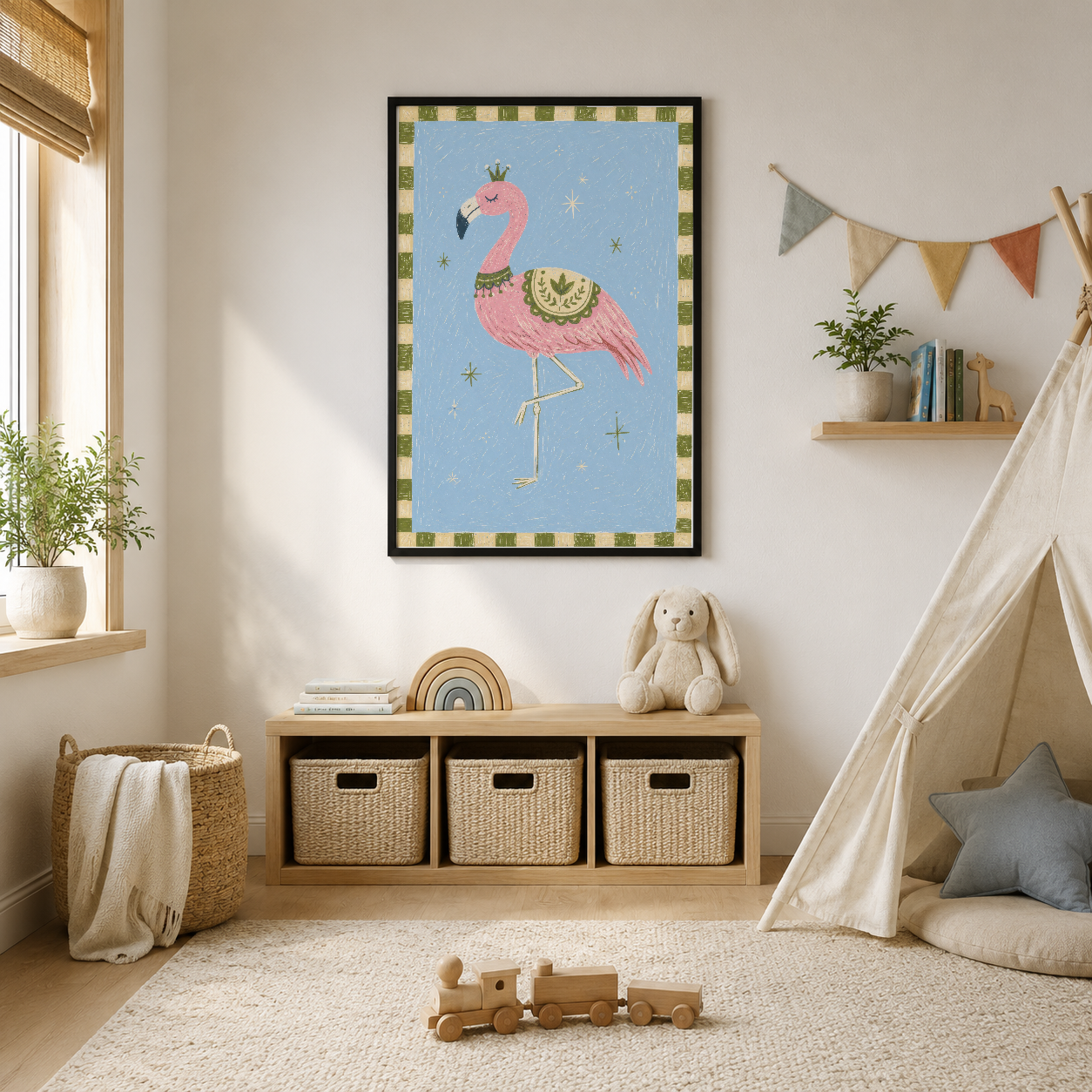 Kraliçe flamingoyu tasvir eden şirin çocuk tablosu, mavi zemin ve yeşil çerçeveli tasarımla çocuk odasında duvar süsü.