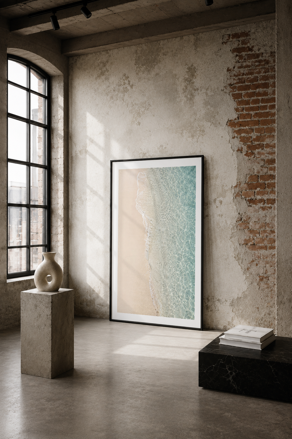 Kıyı temalı minimalist poster, endüstriyel loft ortamda sıva duvarlar arasında sakin güzelliği yansıtıyor.