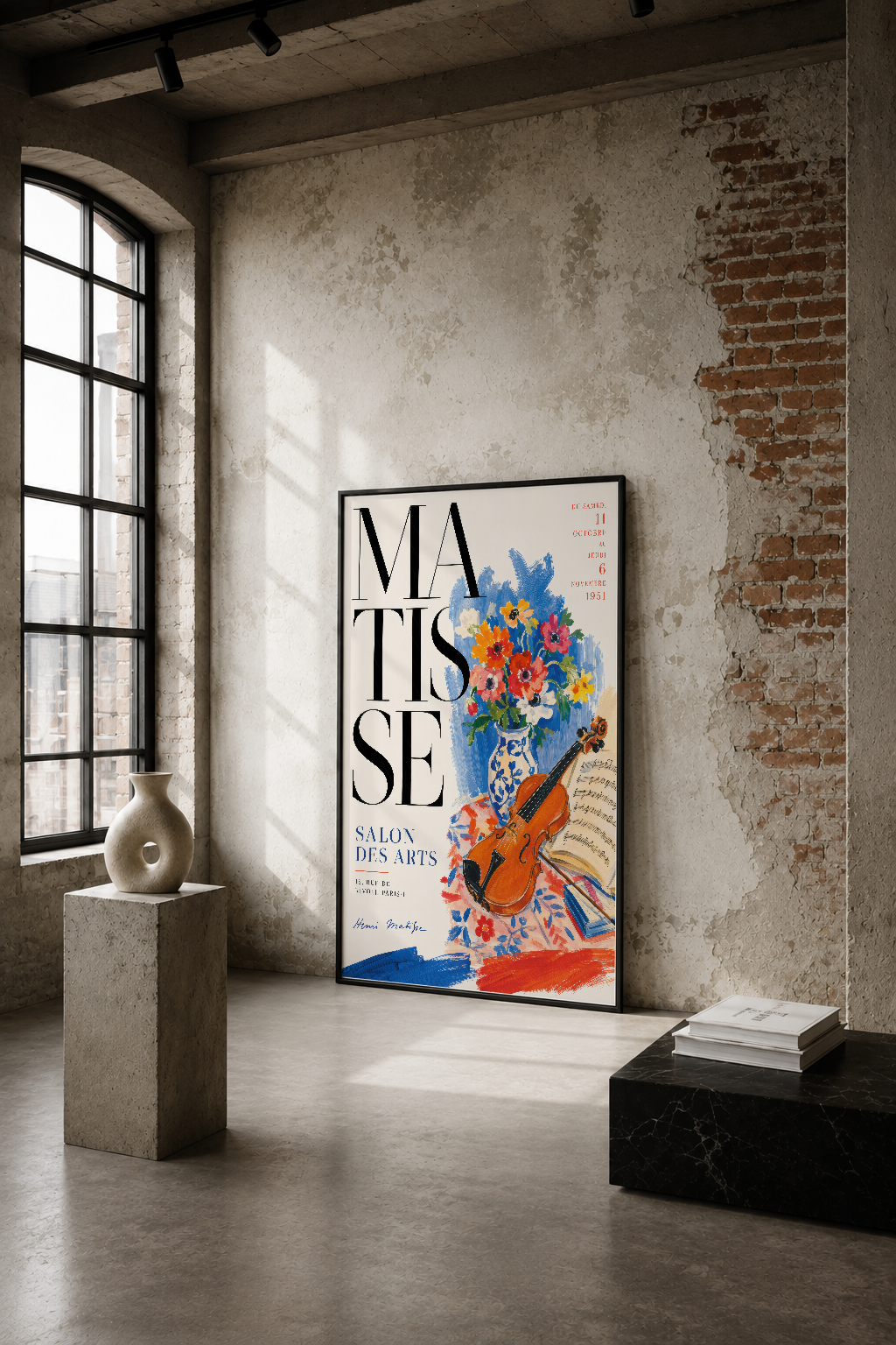 Matisse sanat afişi, endüstriyel loft ortamında konsept dekorasyonunda, çiçek ve keman motifiyle modern tasarım.