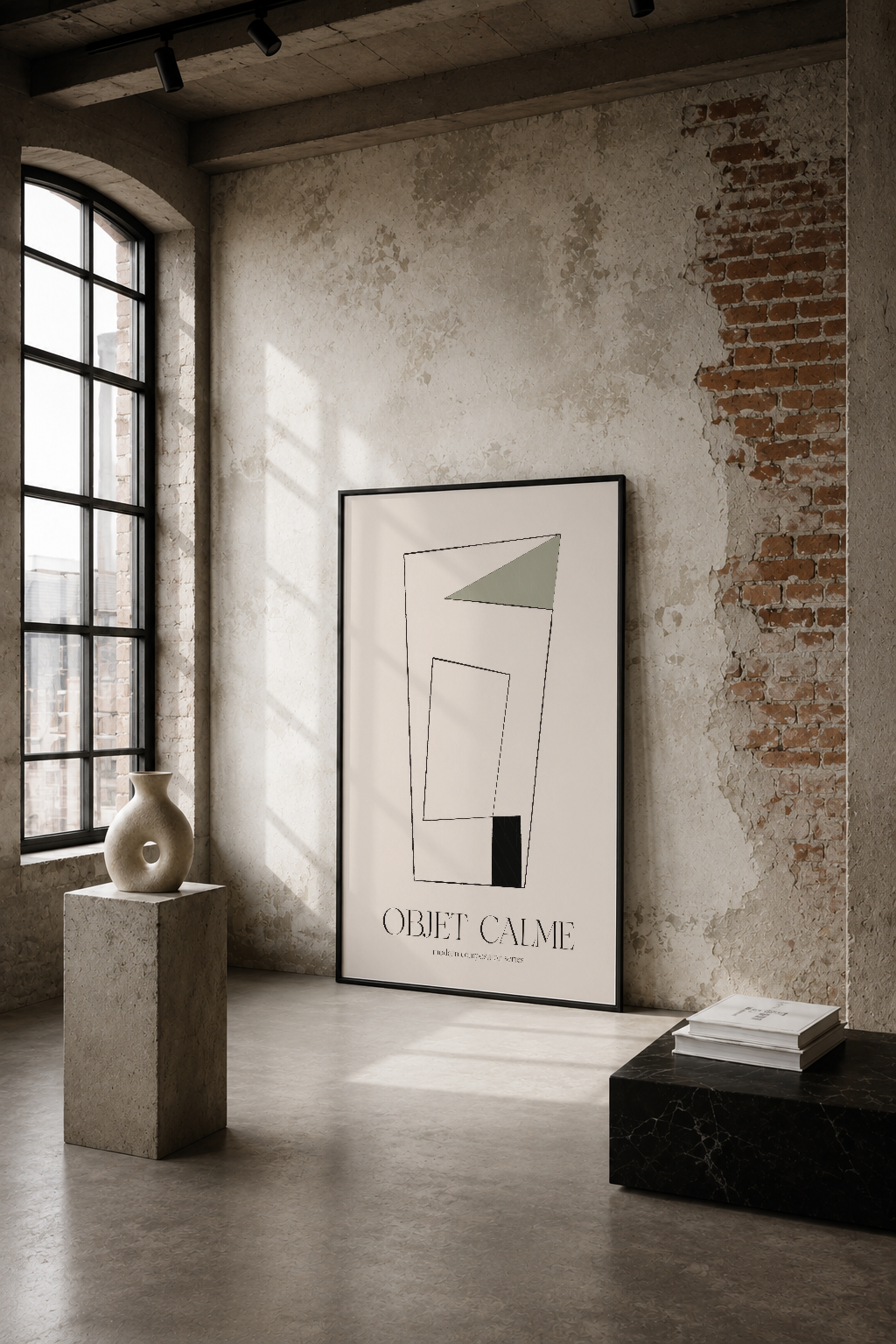 Objet Calme minimal soyut tablosu, endüstriyel bir stüdyoda tuğla ve beton duvarların arasında sergilenmiş.