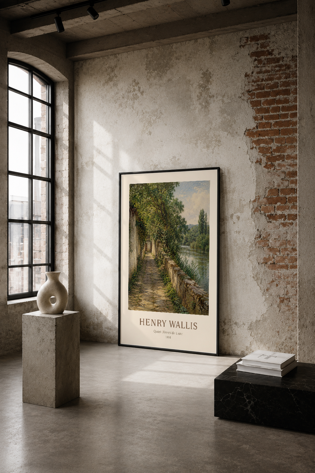 Henry Wallis'in sakin nehir manzarası tablosu, endüstriyel minimalist mekanda duvar sergisinde.