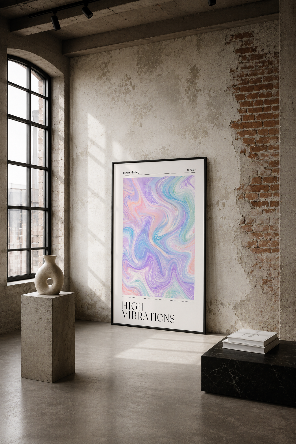 Pastel renklerde sıvı akış deseni içeren High Vibrations posteri, endüstriyel bir mekan penceresinin yanında siyah çerçevede