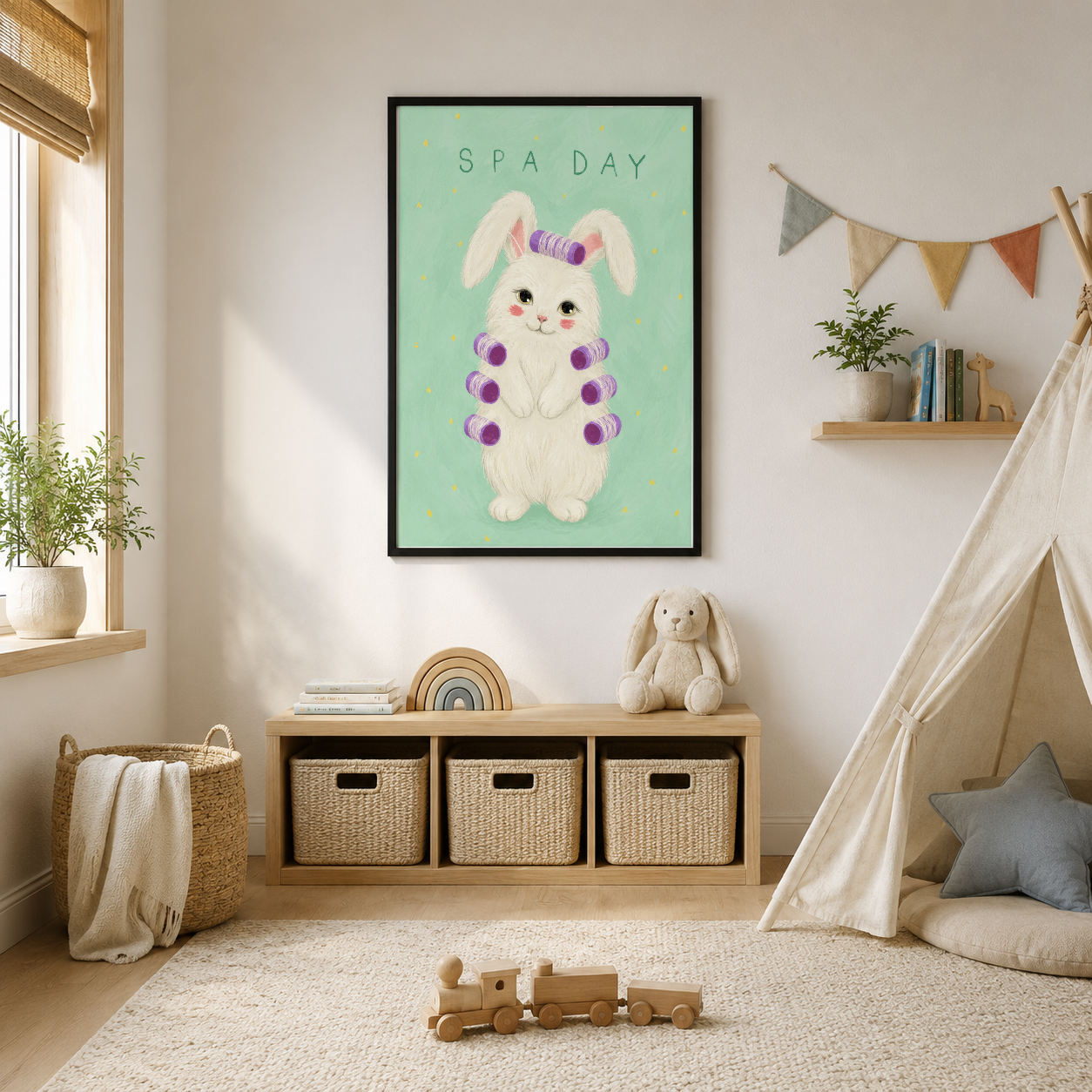 Mint yeşil arka planda mor saç duveti takan sevimli beyaz tavşan karakteri spa günü temalı poster.