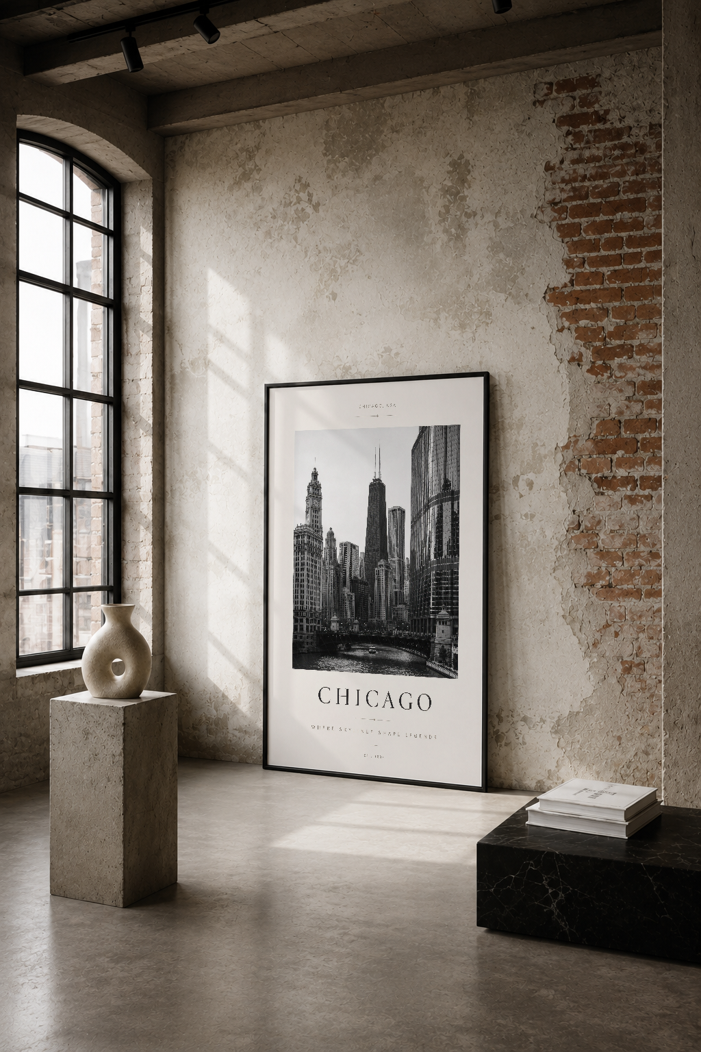 Chicago şehir manzarası siyah beyaz poster, endüstriyel minimalist iç mekanında.