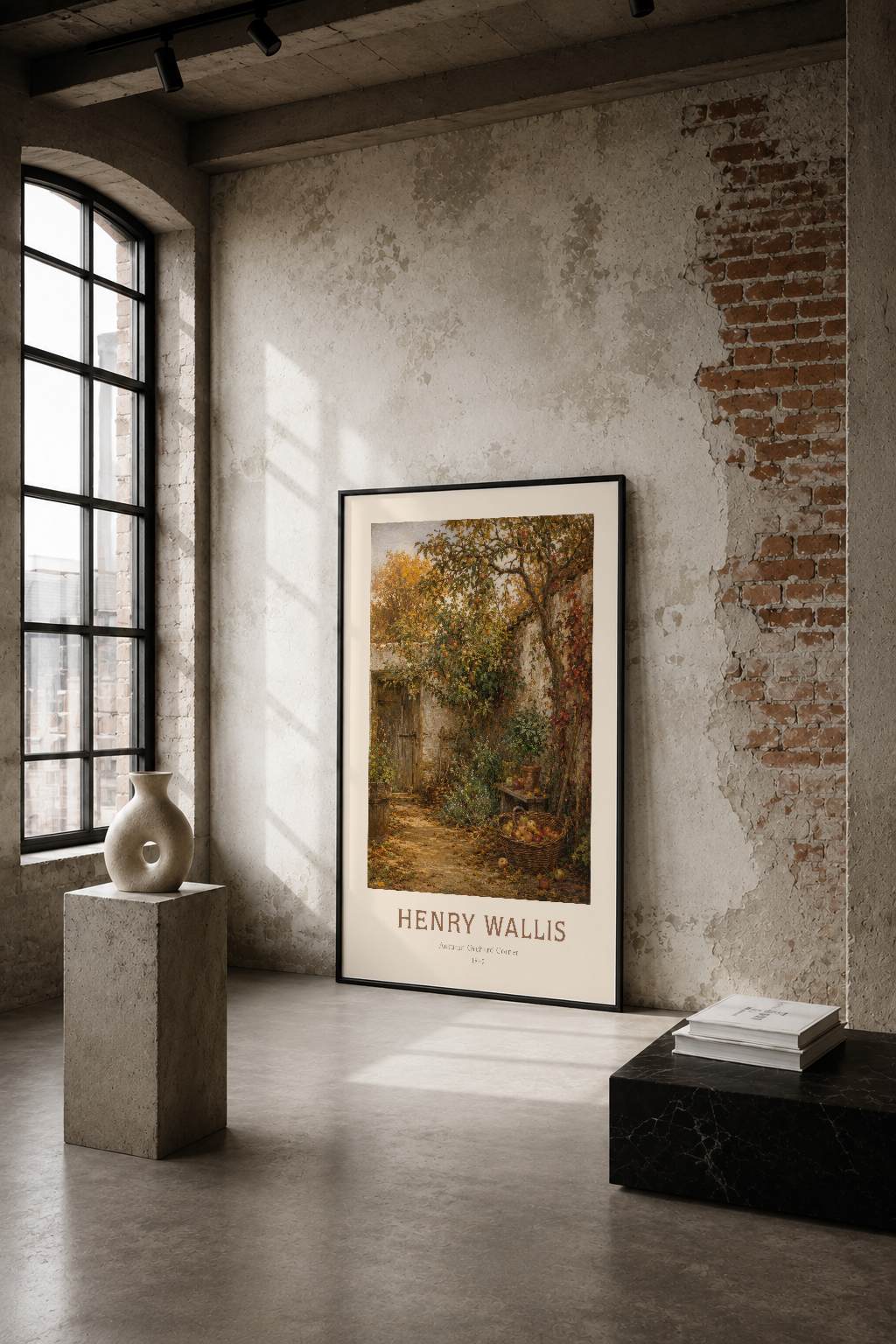 Henry Wallis'in Sonbahar Bahçesi tablosu, endüstriyel mekan duvarında sıcak tonlarıyla doğal güzelliği yansıtıyor.
