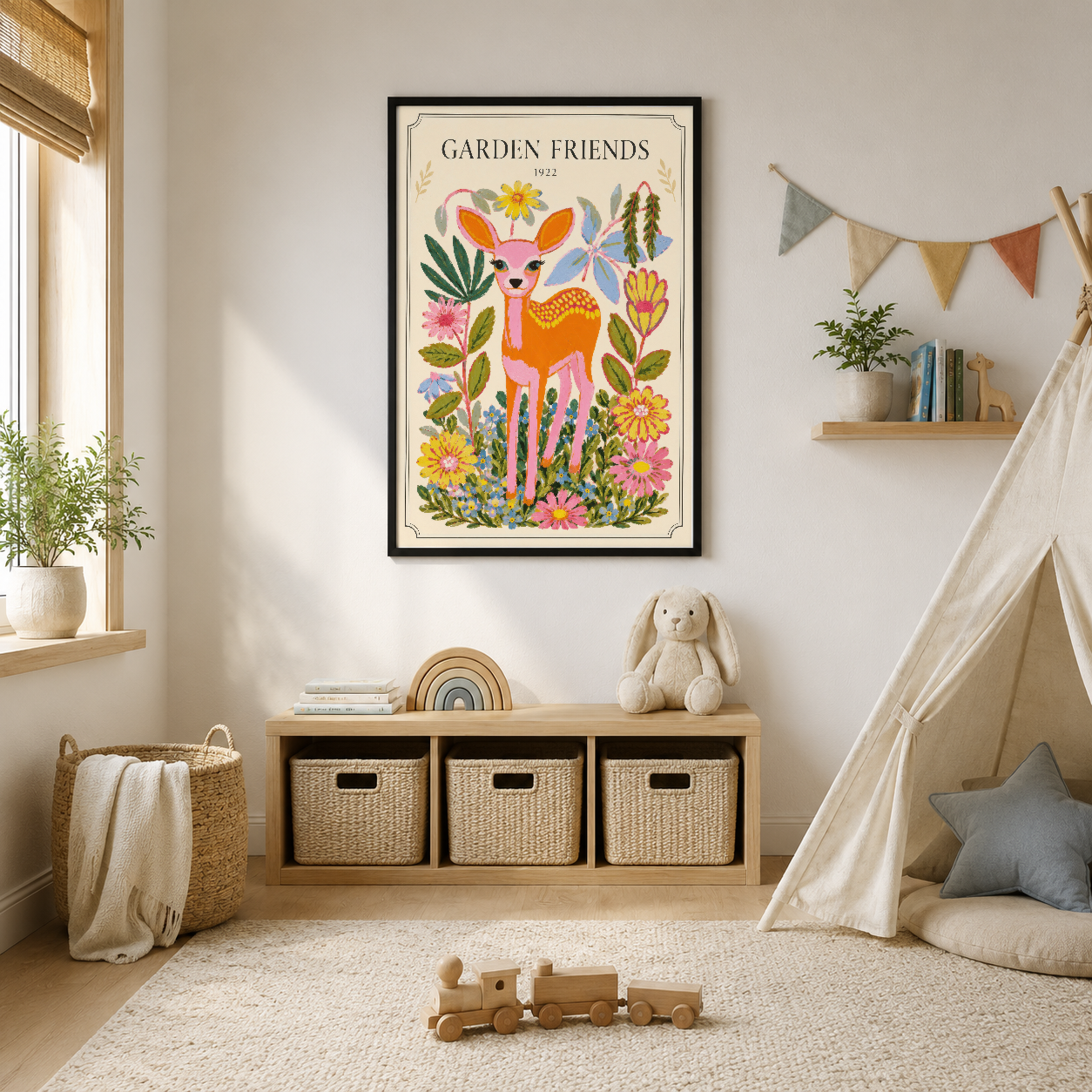 Renkli çiçekler arasında pembe geyik figürü ile boho tarzda tasarlanmış Garden Friends tablosu.
