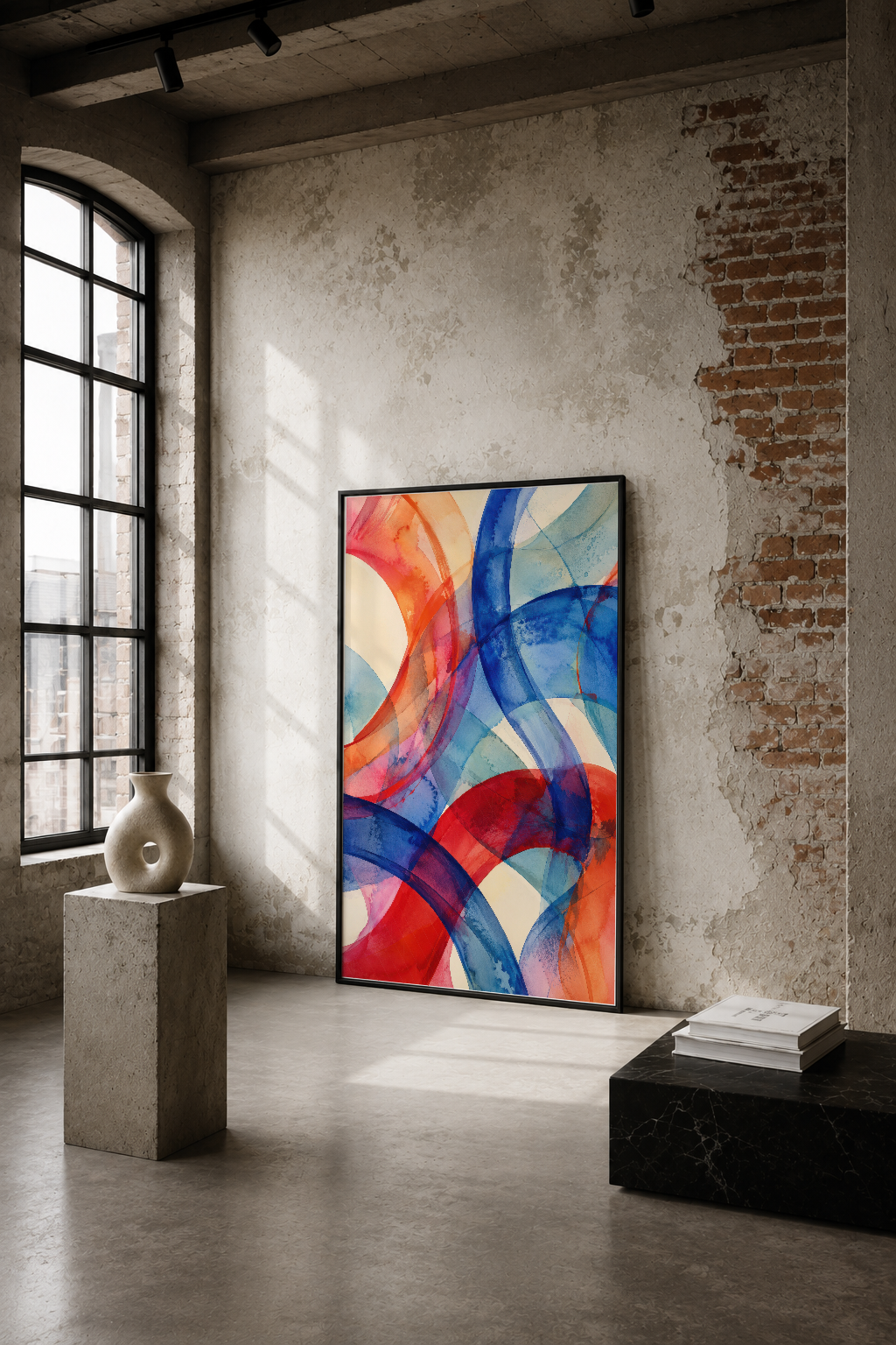 Soyut sanat tablosu, canlı kırmızı, mavi ve turuncu dalgaların iç içe geçtiği modern tasarım.