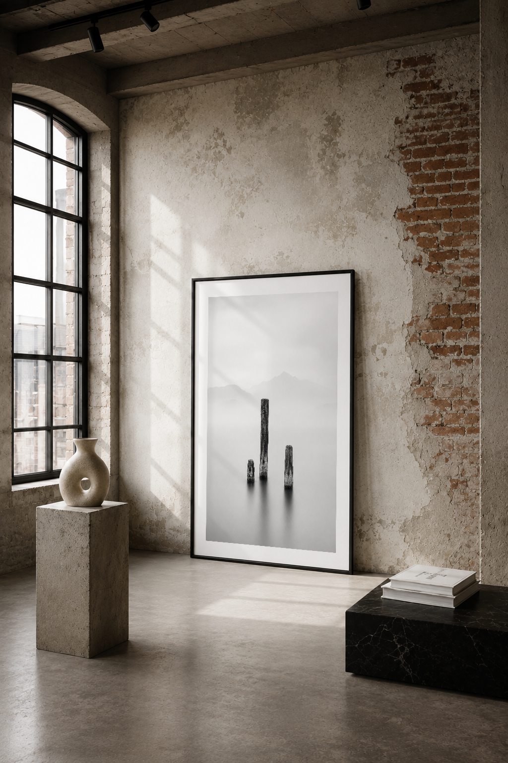 Siyah çerçeveli minimalist poster, endüstriyel loftun çimentolu duvarında, doğal ışıkla vurgulanan sakin estetik.