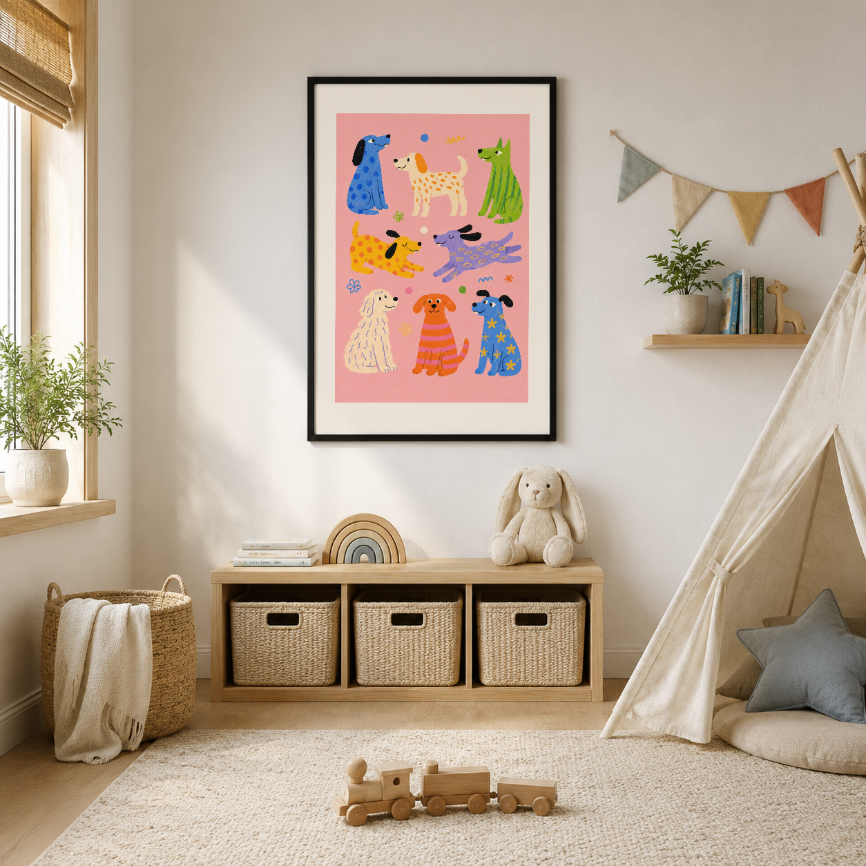 Renkli köpekler ilustrasyonu pembe arka funda, çocuk odasının duvarında siyah çerçeveli tablo.