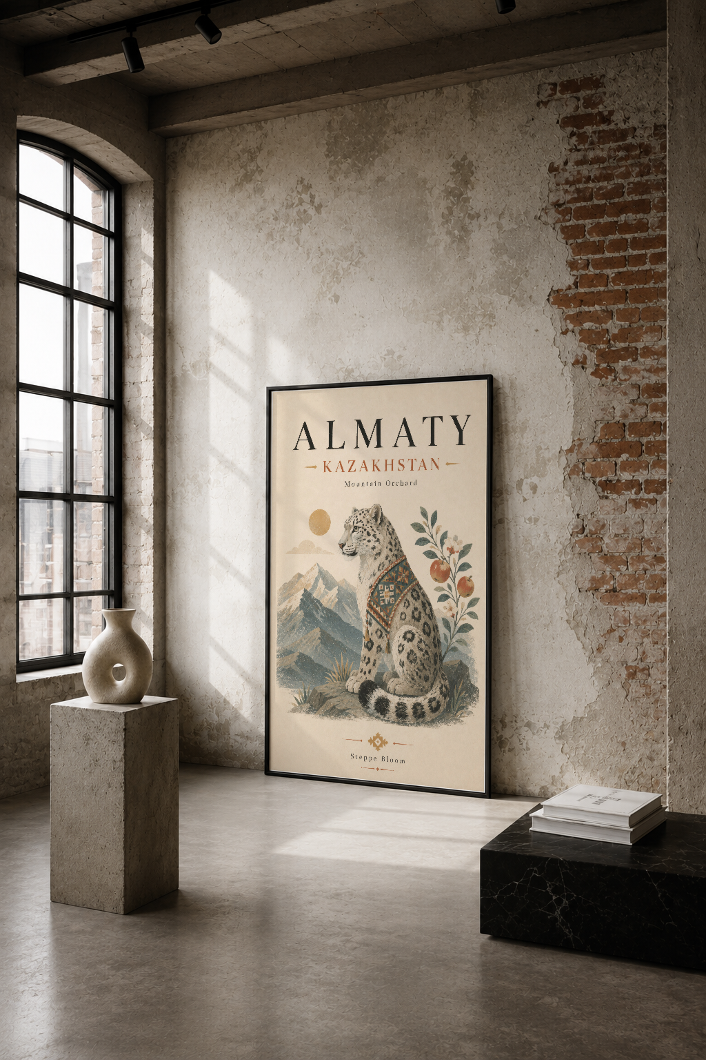 Almaty Kazakistan temalı sanat tablosu, iç mimar leoparın doğal çizimli retro stilinde duvar dekorasyonu.