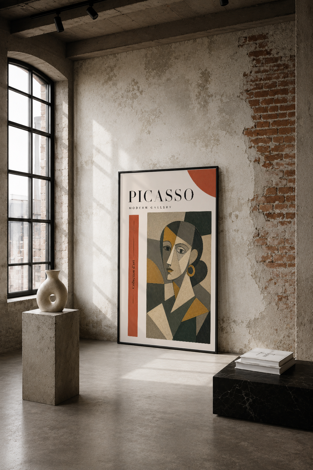 Picasso Modern Gallery posteri, endüstriyel loft ortamında tuğla duvarlar arasında, soyut kadın portresini geometrik şekil ve