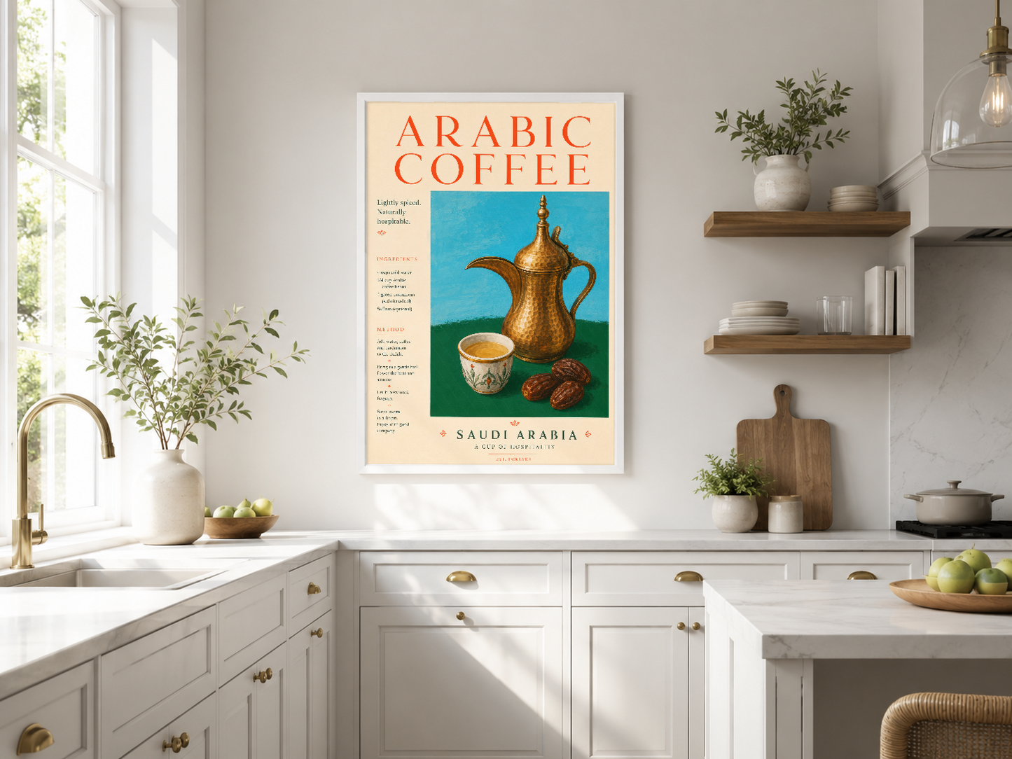 Retro tarzda Arabic Coffee posteri, altın cezve ve fincan görseli ile modern beyaz mutfakta duvar sanatı.