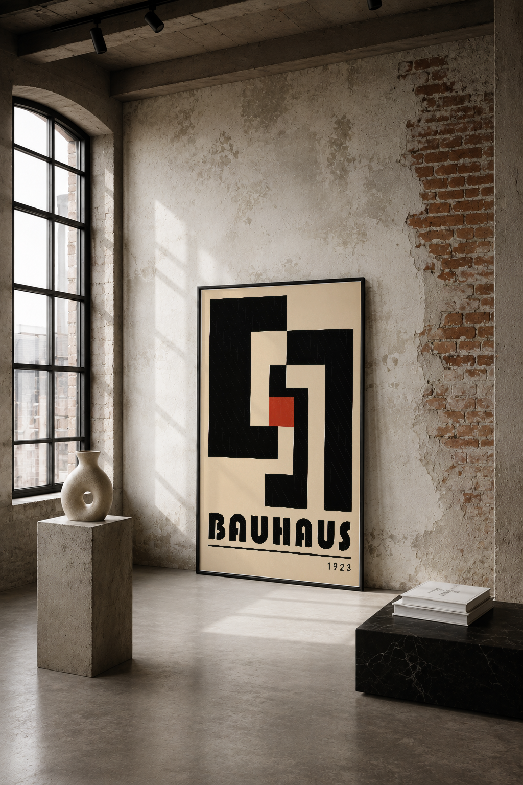 Bauhaus 1923 tasarımı, siyah ve krem geometrik formlara kırmızı vurgu ile endüstriyel loft mekanda.