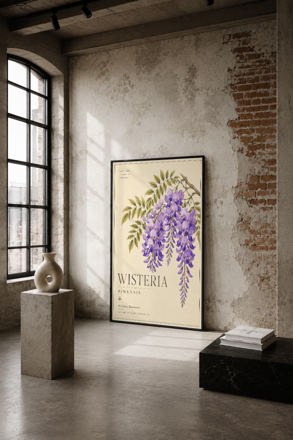 Mor wisteria çiçeklerinin botanik tasarımı, endüstriyel loft dekorasyonunda sergilenen şık poster.