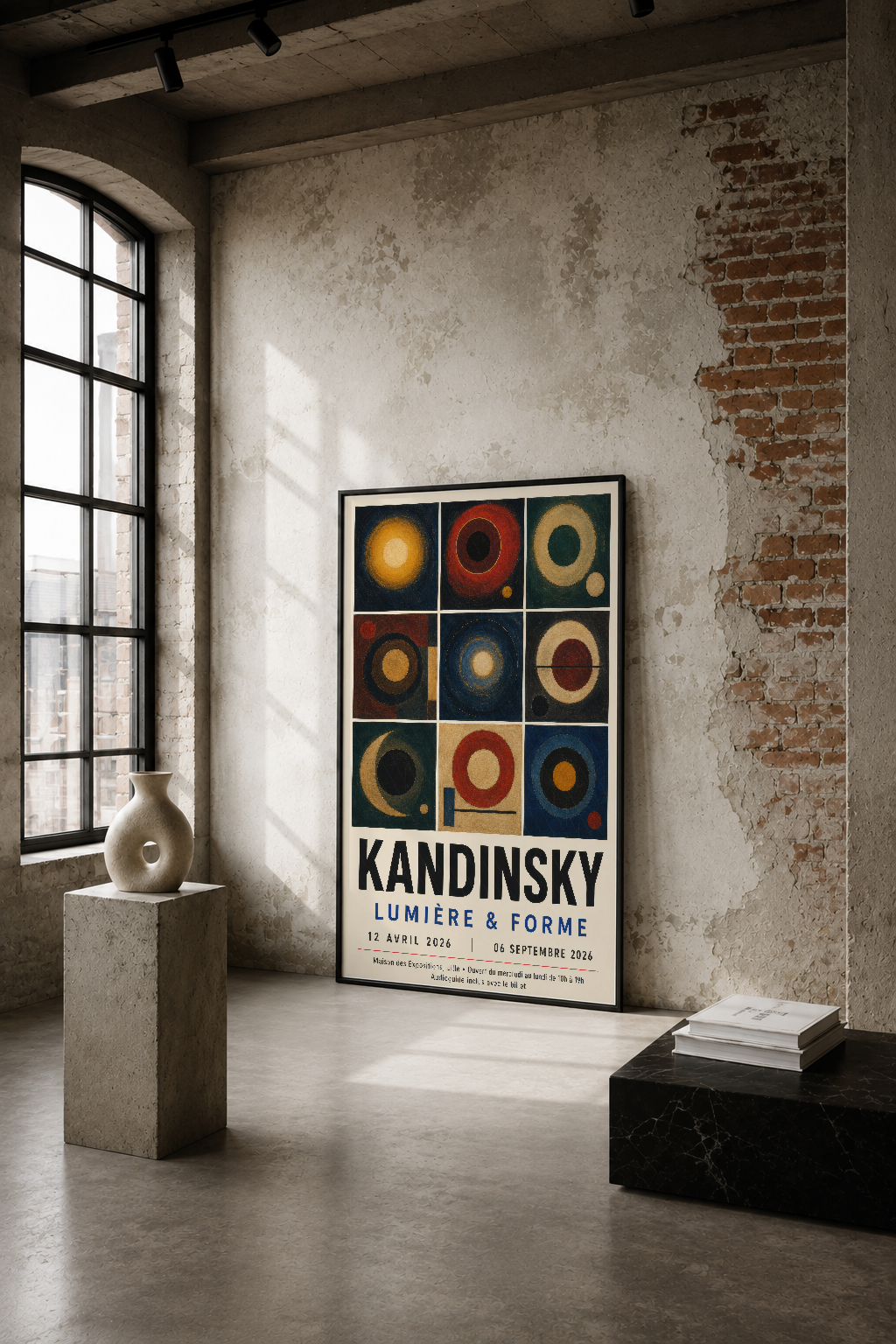Kandinsky'nin ikonik daire serisinin sanat tablosu, endüstriyel loft dekorasyonunda duvarı canlandırıyor.