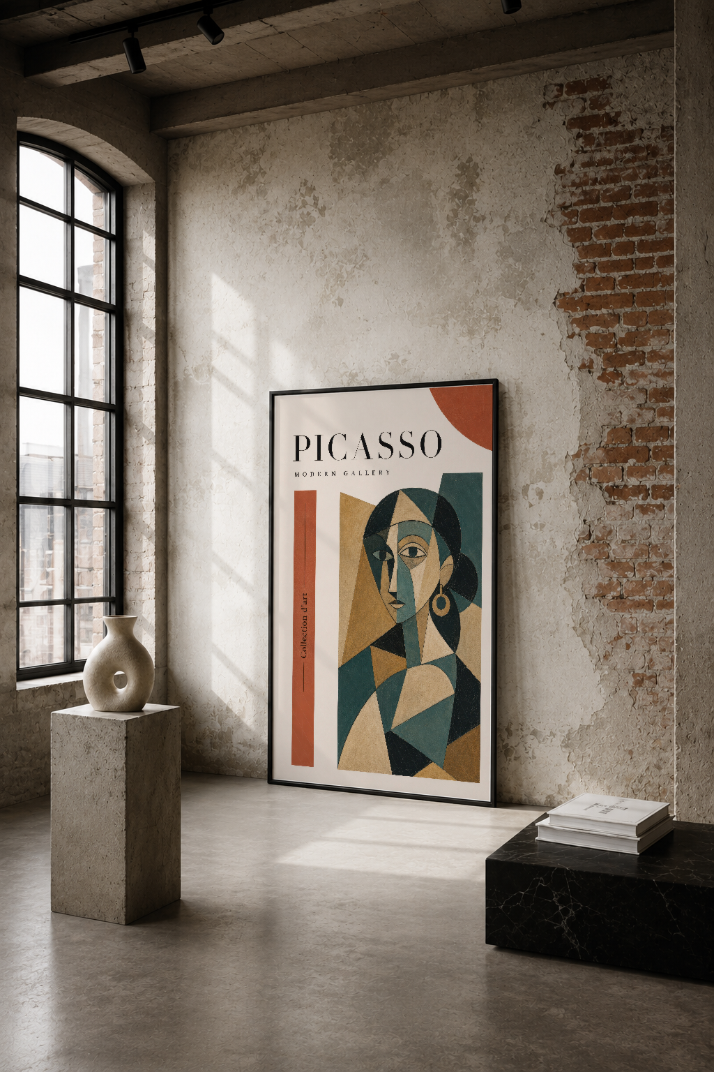 Picasso Modern Gallery posteri, endüstriyel loft mekanında tuğla duvarın karşısında sergilenen geometrik yüz tasarımı.