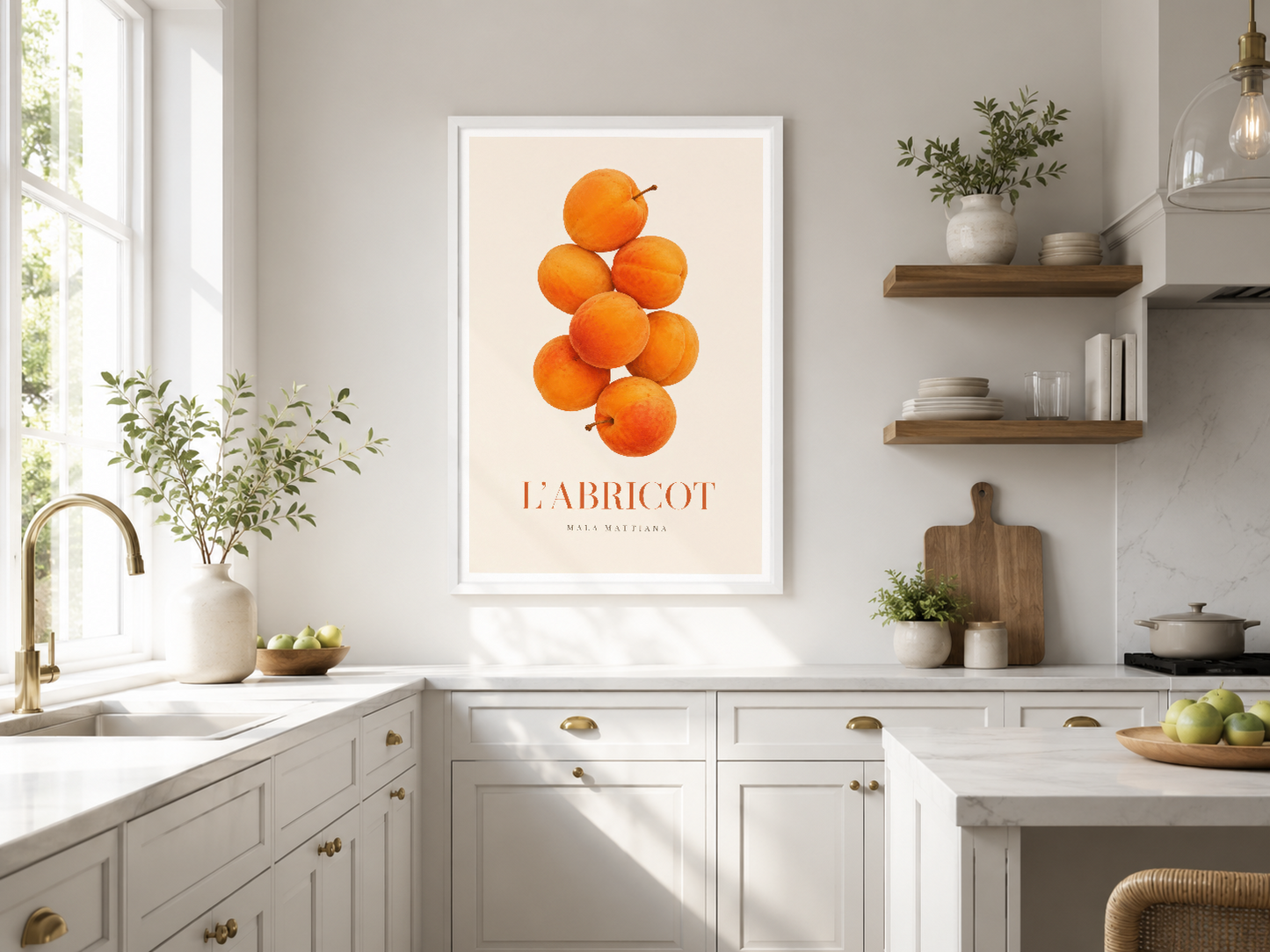 Canlı turuncu kayısıların minimalist compositionu, modern mutfak dekorasyonunda zarif bir tasarım.