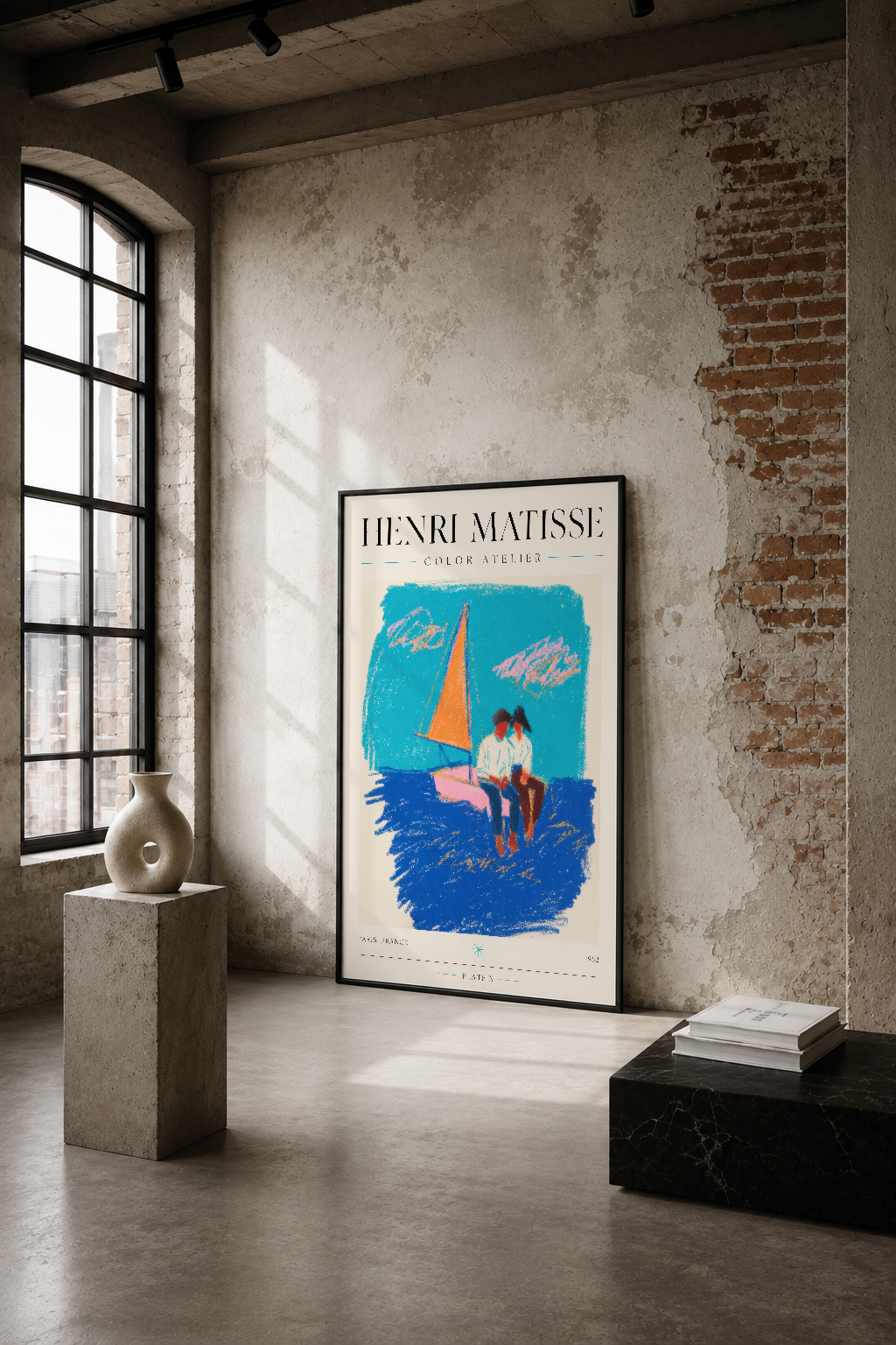 Matisse'in ünlü Color Atelier koleksiyonundan, turkuaz gökyüzü ve mavi denizde yelkenlibotu ve figürleri gösteren canlı