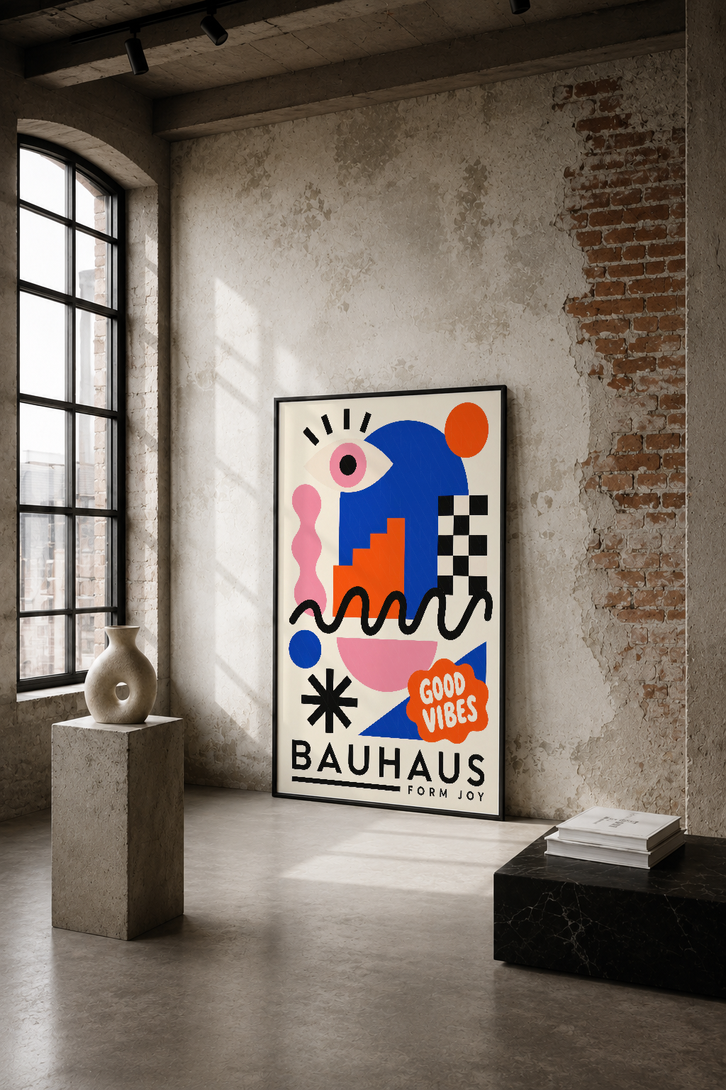 Bauhaus tarzı soyut tasarım, canlı renkler ve geometrik şekillerle modern endüstriyel mekanda asılı.