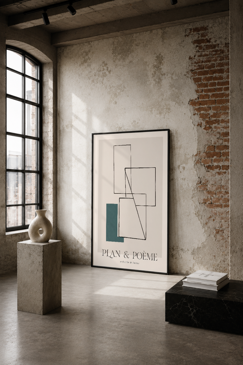 Soyut geometrik çizgiler ve koyu yeşil şekilli minimalist tasarım, endüstriyel loft atmosferinde duvar tablosu.