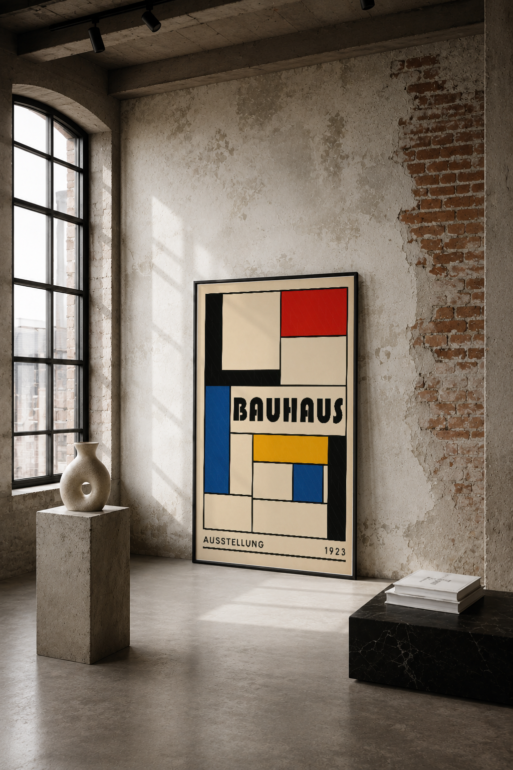 1923 Bauhaus Ausstellung posteri, endüstriyel tarzda sütun ve kitaplarla sergilenen oturuma konumlandırılmış.