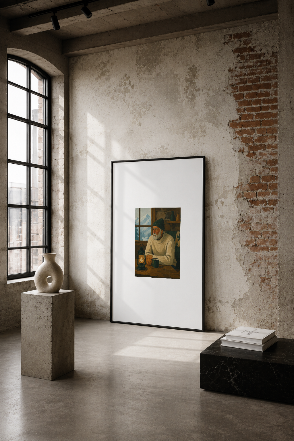 Endüstriyel mekanda çerçeveli sanat tablosu, tuğla duvar ve doğal ışık ile modern dekor