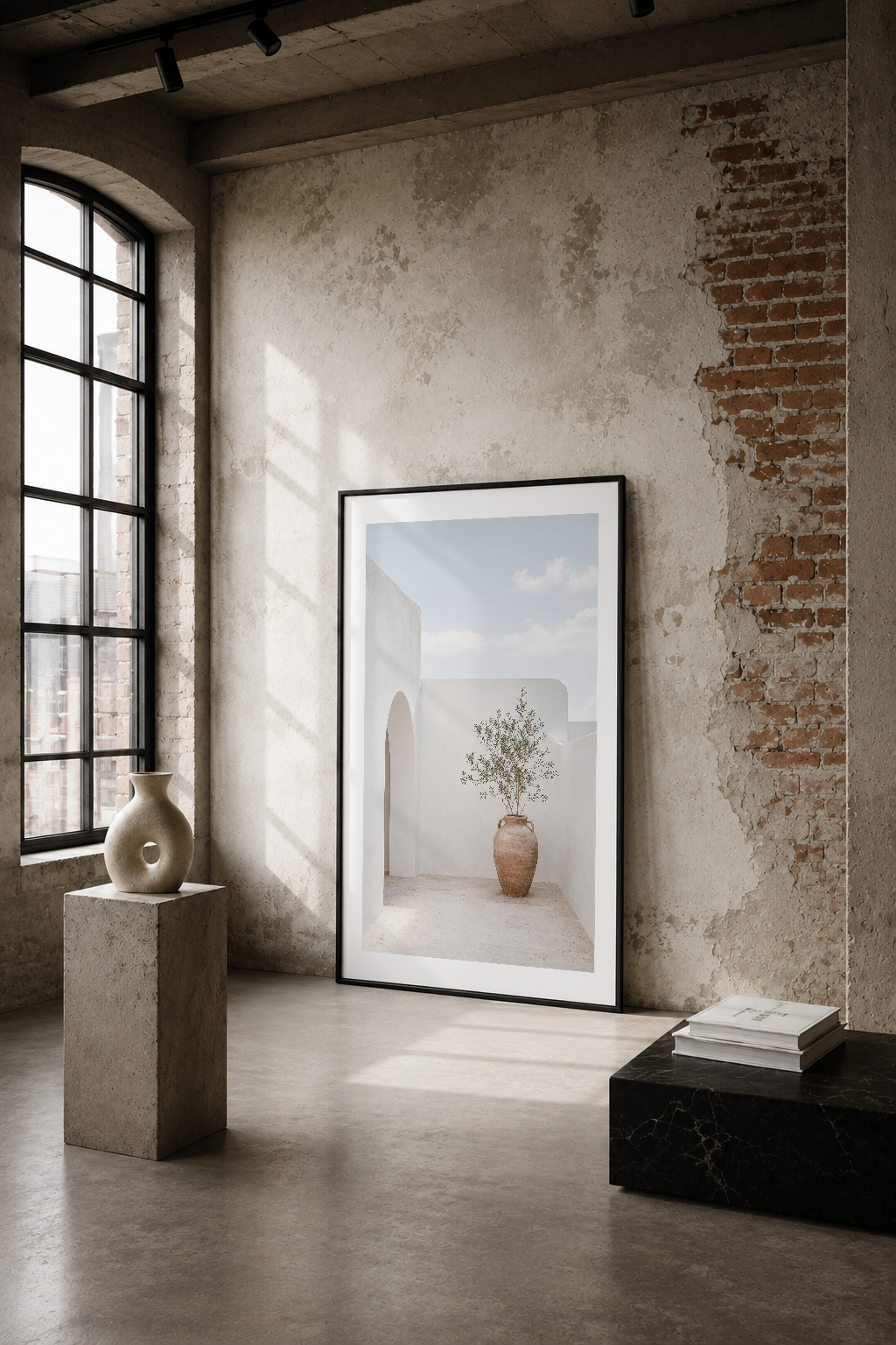 Minimalist endüstriyel alanda, beyaz duvarlar arasında sakin bir bahçe sahnesi sunan çerçeveli tablo.