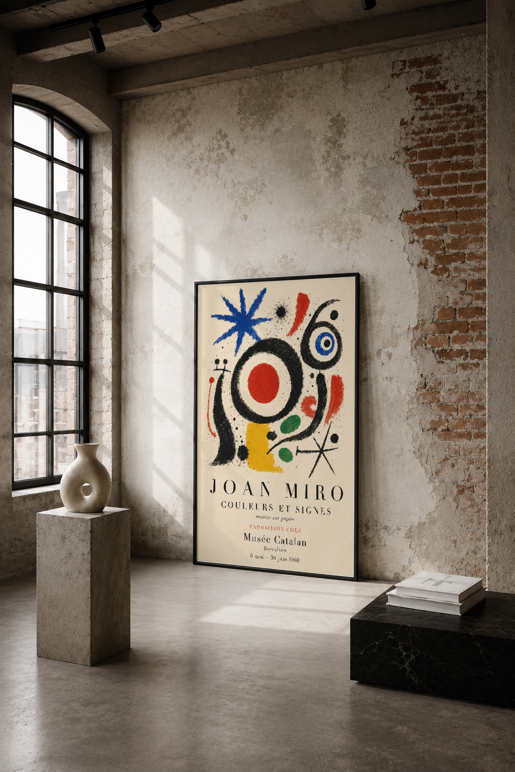 Joan Miro'nun renkli soyut tasarımı, endüstriyel loft ortamında minimalist duvar sanat olarak sergileniyor.