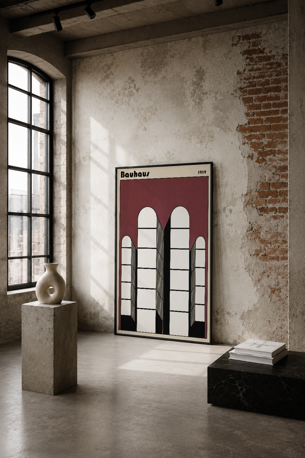 Bauhaus üslubunda simetrik pencere motifi, bordo fonda, endüstriyel boş alanda minimalist tasarım.