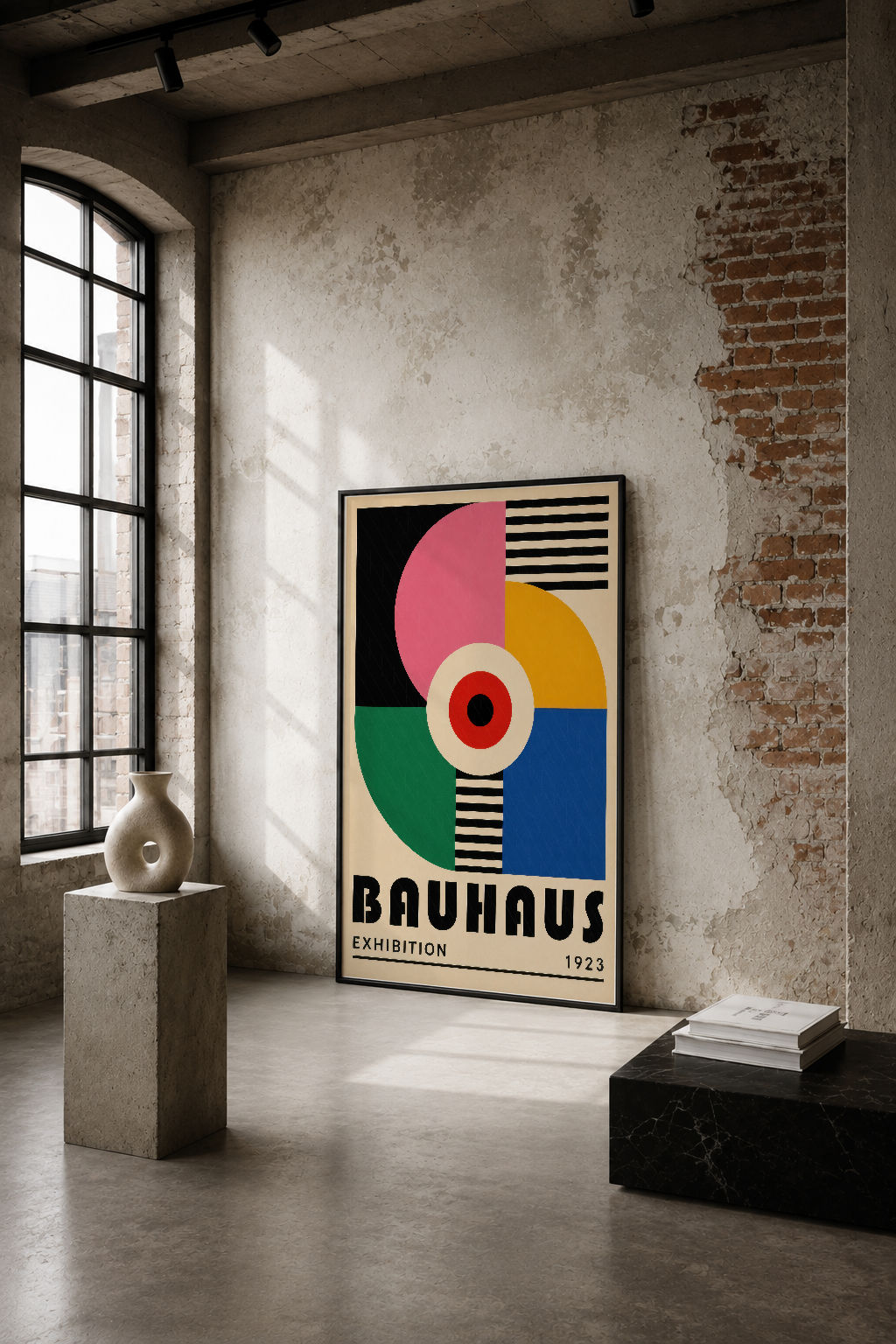1923 Bauhaus sergisi tasarımı, canlı renkli geometrik formlar ve siyah çizgilerle oluşturulan ikonik sanat tablosu.