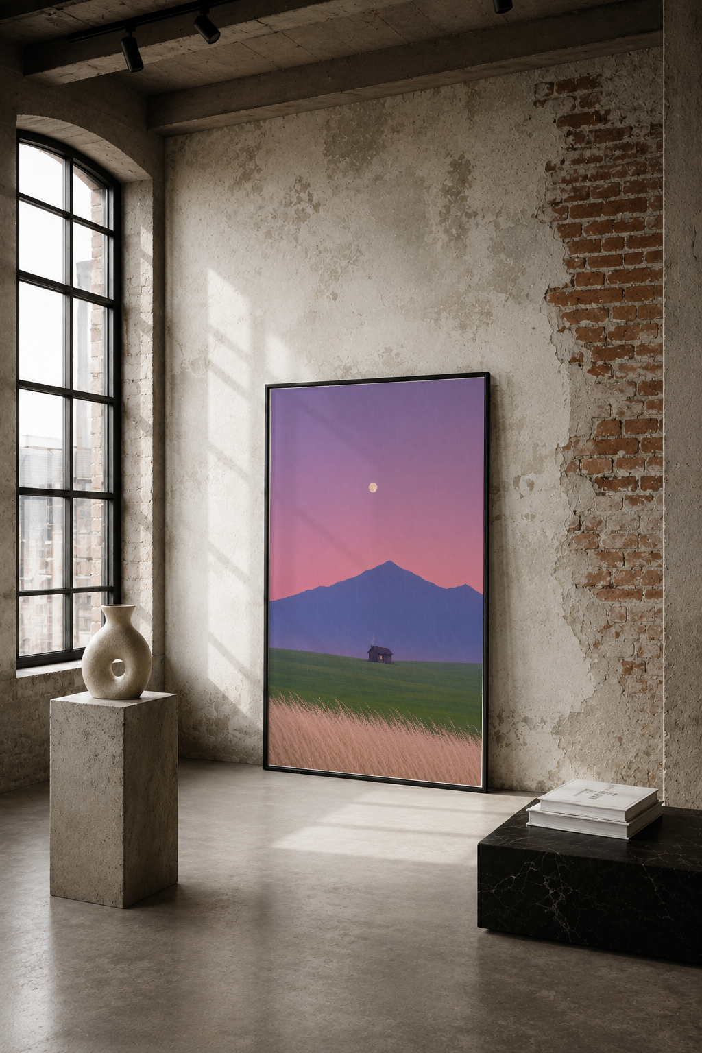 Gün batımında mor-pembe gökyüzü, lacivert dağ ve buğday tarlasıyla minimalist manzara tablosu.
