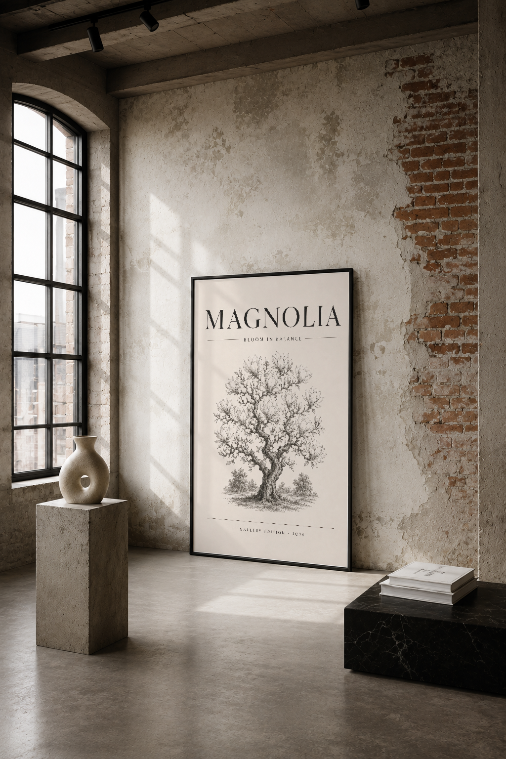 Soyut bir mekanda, çizim tarzında çiçek açan bir Magnolia ağacının teması taşıyan minimalist poster tasarımı.