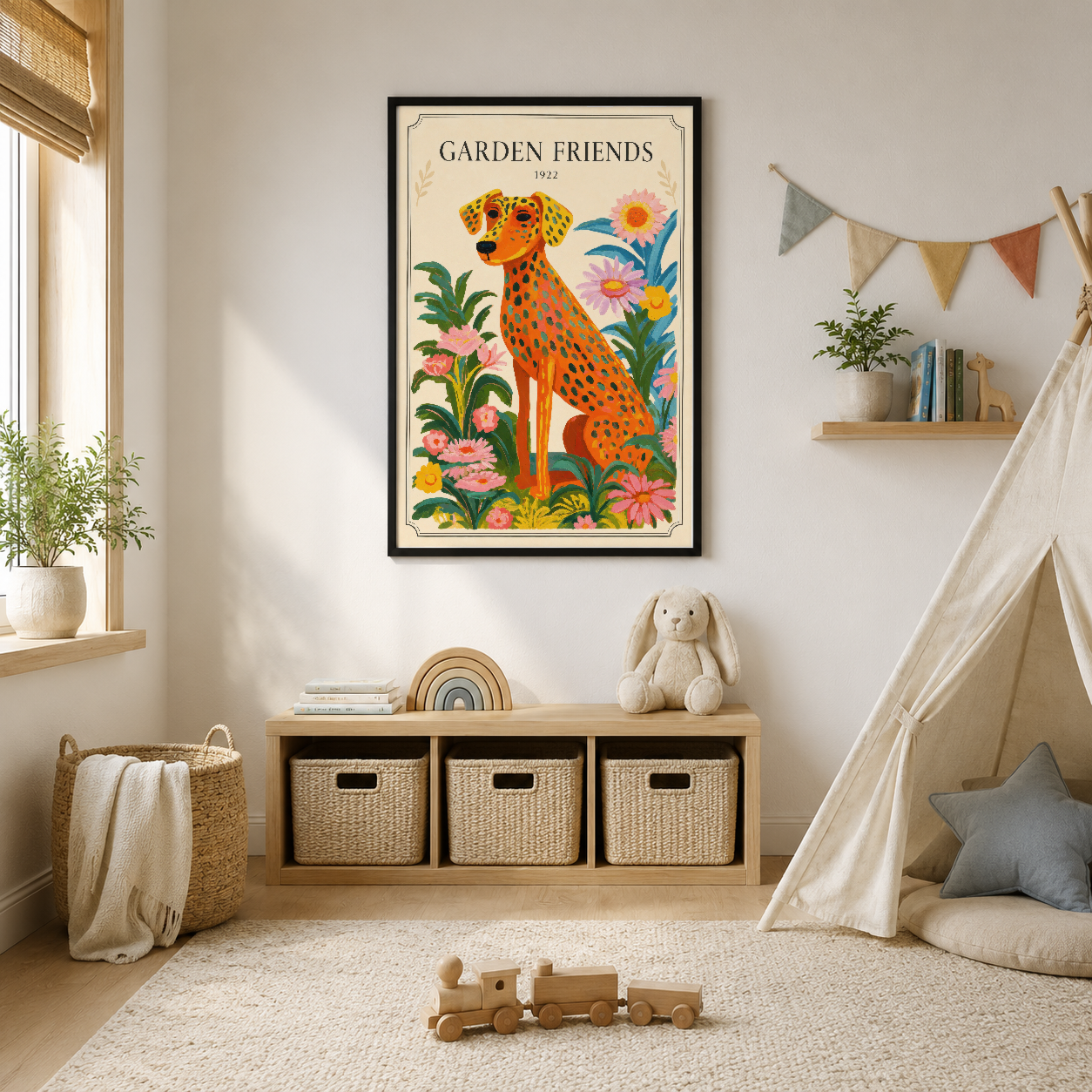 Renkli çiçekler arasında oturan benekli köpek figürü, 1922 tarihli vintage Garden Friends tablosu.