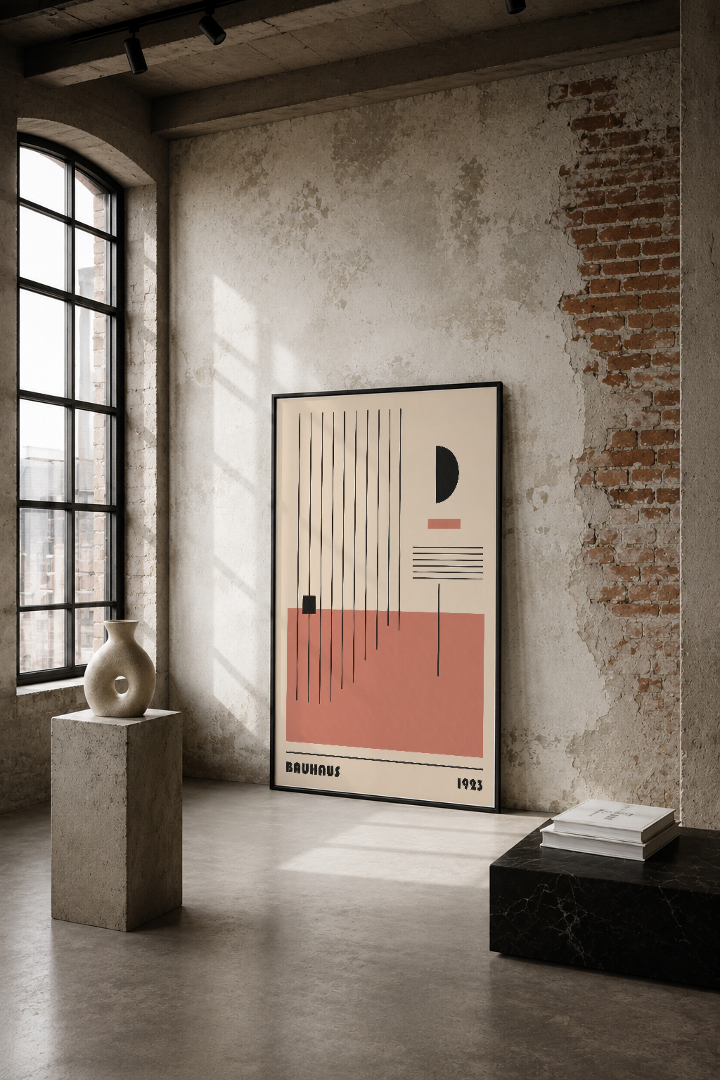 Bauhaus tarzı geometrik tasarım, 1923 vintage posterinin soyut şekilleri ve mercan rengiyle endüstriyel mekanı aydınlatıyor.