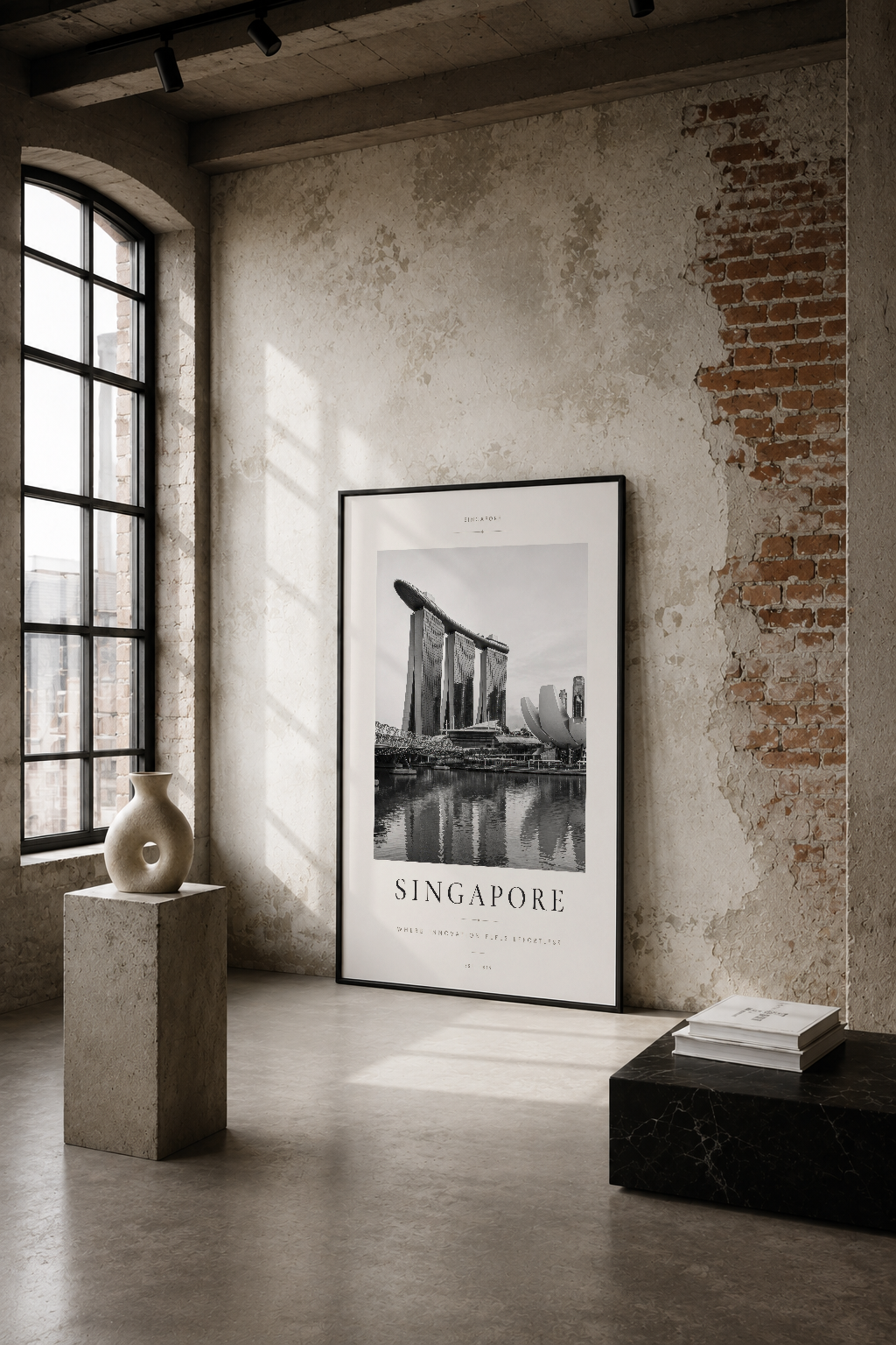 Siyah beyaz Singapore tablosu, endüstriyel loft tarzı sütun ve tuğla duvar dekorasyonunda asılı.