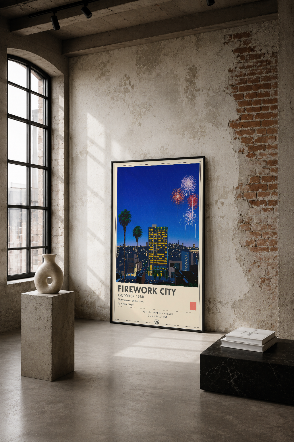 Firework City tablosu, endüstriyel loft ortamında gece şehri manzarası ve ışıltılı havai fişekleri tasvir ediyor.