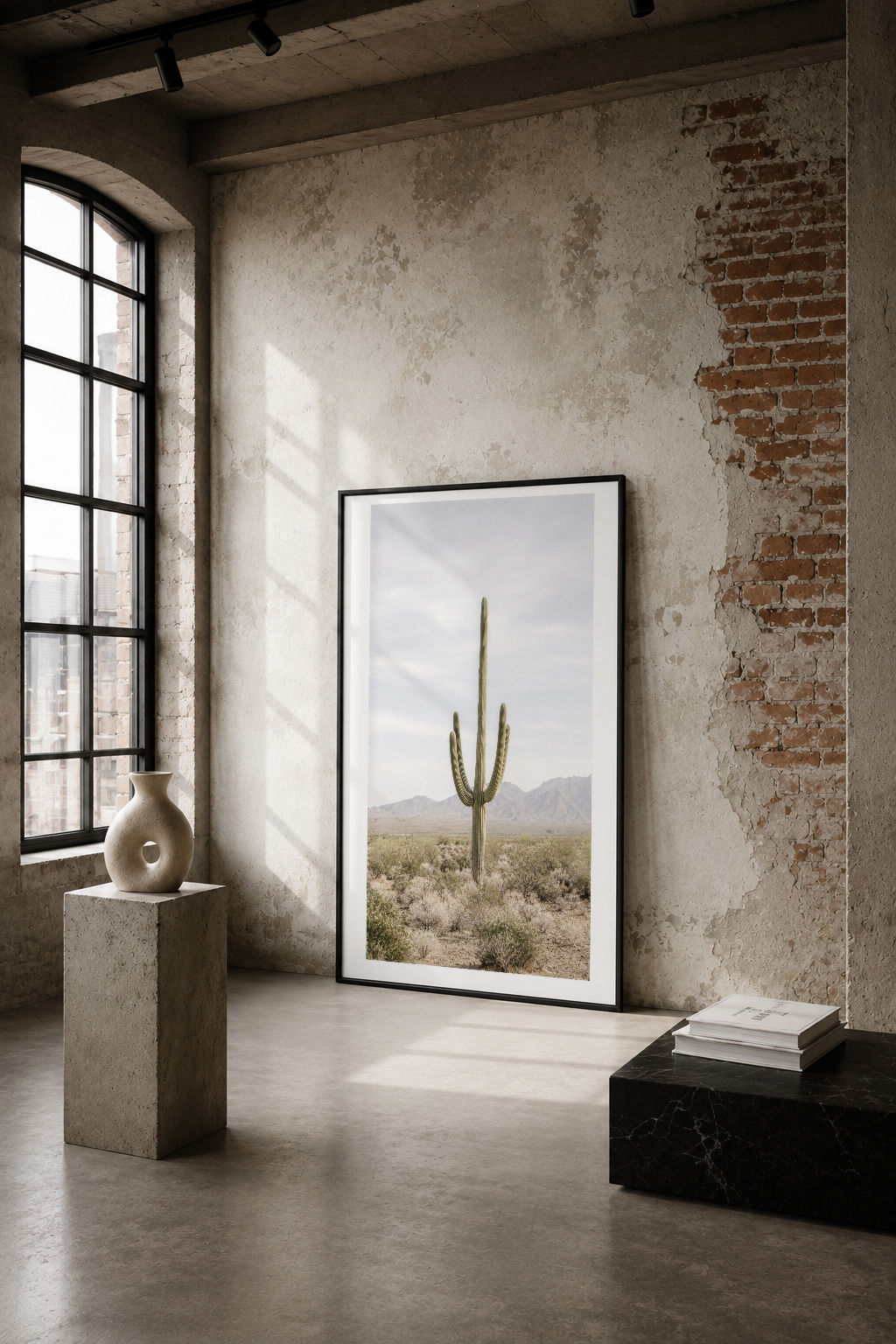 Minimalist loft alanında, çıplak tuğla duvarın önünde yüksek çerçeveli saguaro kaktüsü tablosu çöl manzarası sunar.